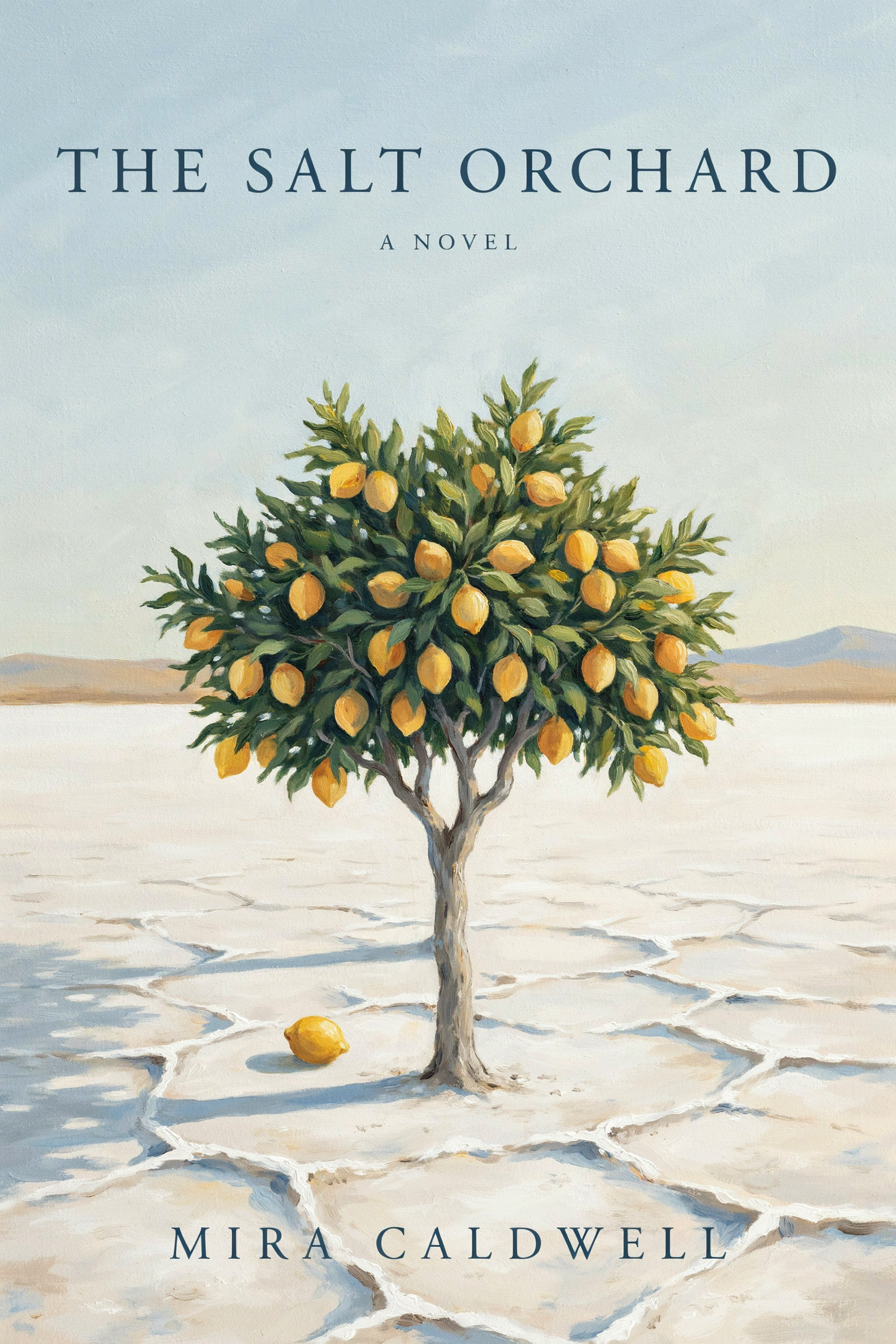 Ideogram 4.5 book cover: THE SALT ORCHARD in one line of spaced serif over A NOVEL, a painted lemon tree on a cracked white salt flat with long blue shadows, and MIRA CALDWELL along the bottom