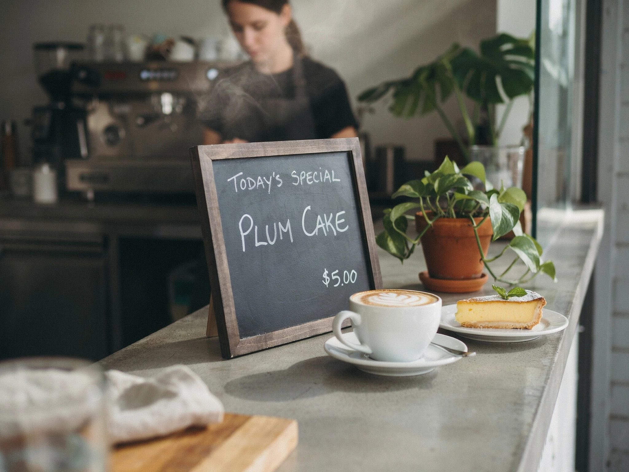 Precise Edit of the cafe counter: the chalkboard now reads TODAY'S SPECIAL, PLUM CAKE and $5.00, with the cup, tart, plants, barista and light unchanged