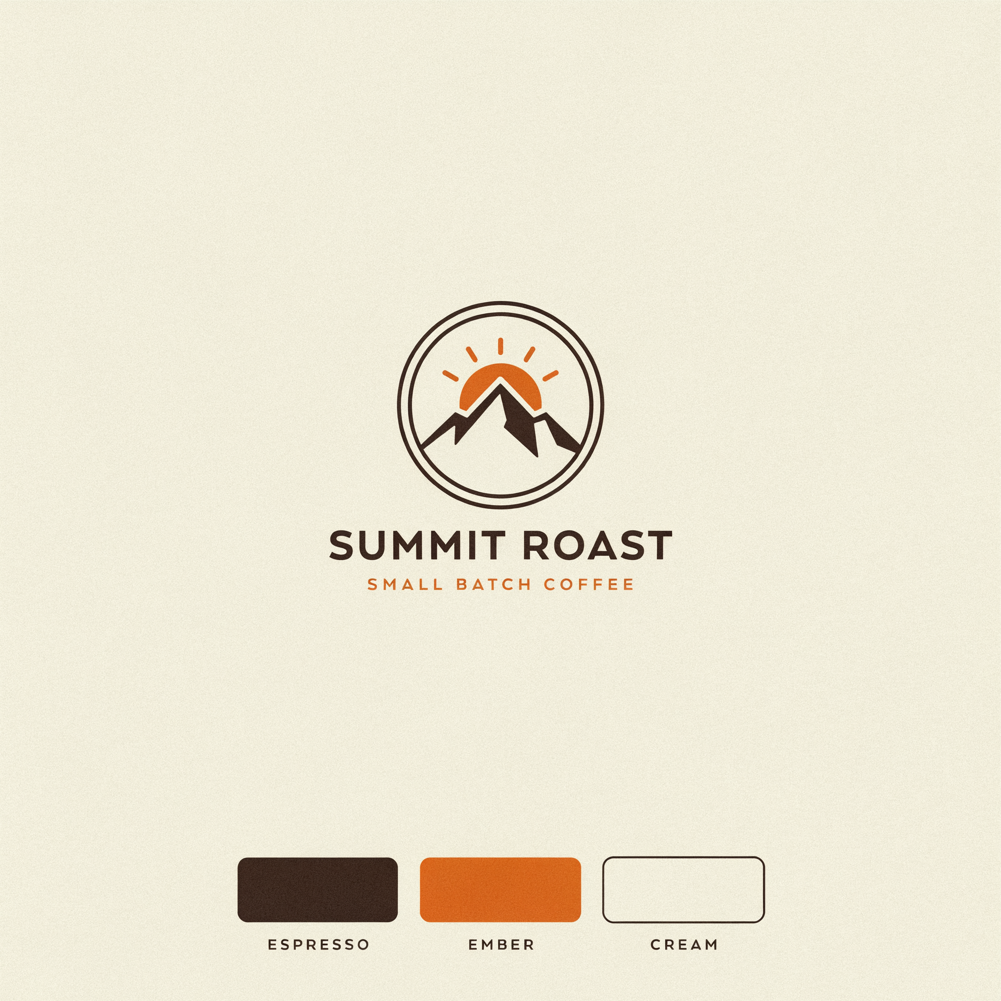 Brand sheet for SUMMIT ROAST with a circular mountain and sunrise emblem, the tagline SMALL BATCH COFFEE in orange, and three swatches labeled ESPRESSO, EMBER and CREAM