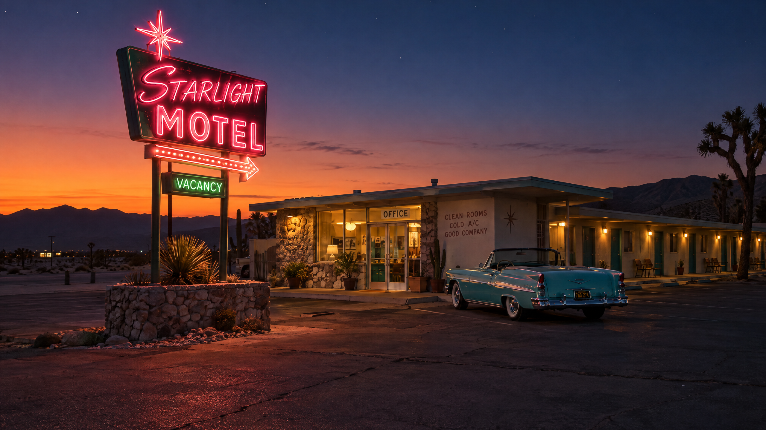 GPT Image 2.5: a tall red and pink STARLIGHT MOTEL neon sign with a star and a green VACANCY panel on a stone planter, a lit office and a turquoise convertible under a tangerine to indigo sky