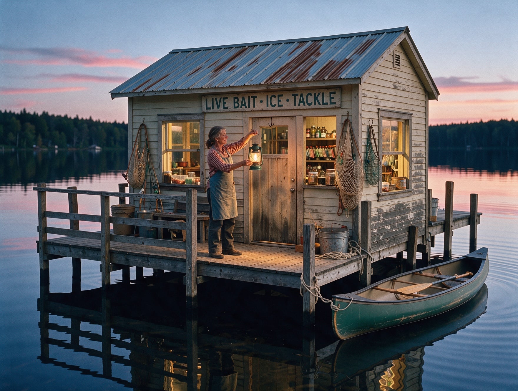 FLUX 3 Image: a small white shop on stilts with a LIVE BAIT, ICE, TACKLE sign and a green canoe at the platform