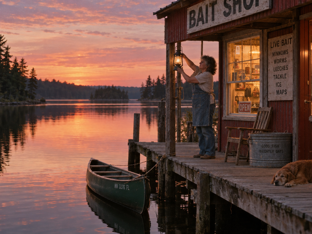 GPT Image 2.5: a red bait shop with a BAIT SHOP sign, the woman hanging a lantern and a golden dog asleep on the dock