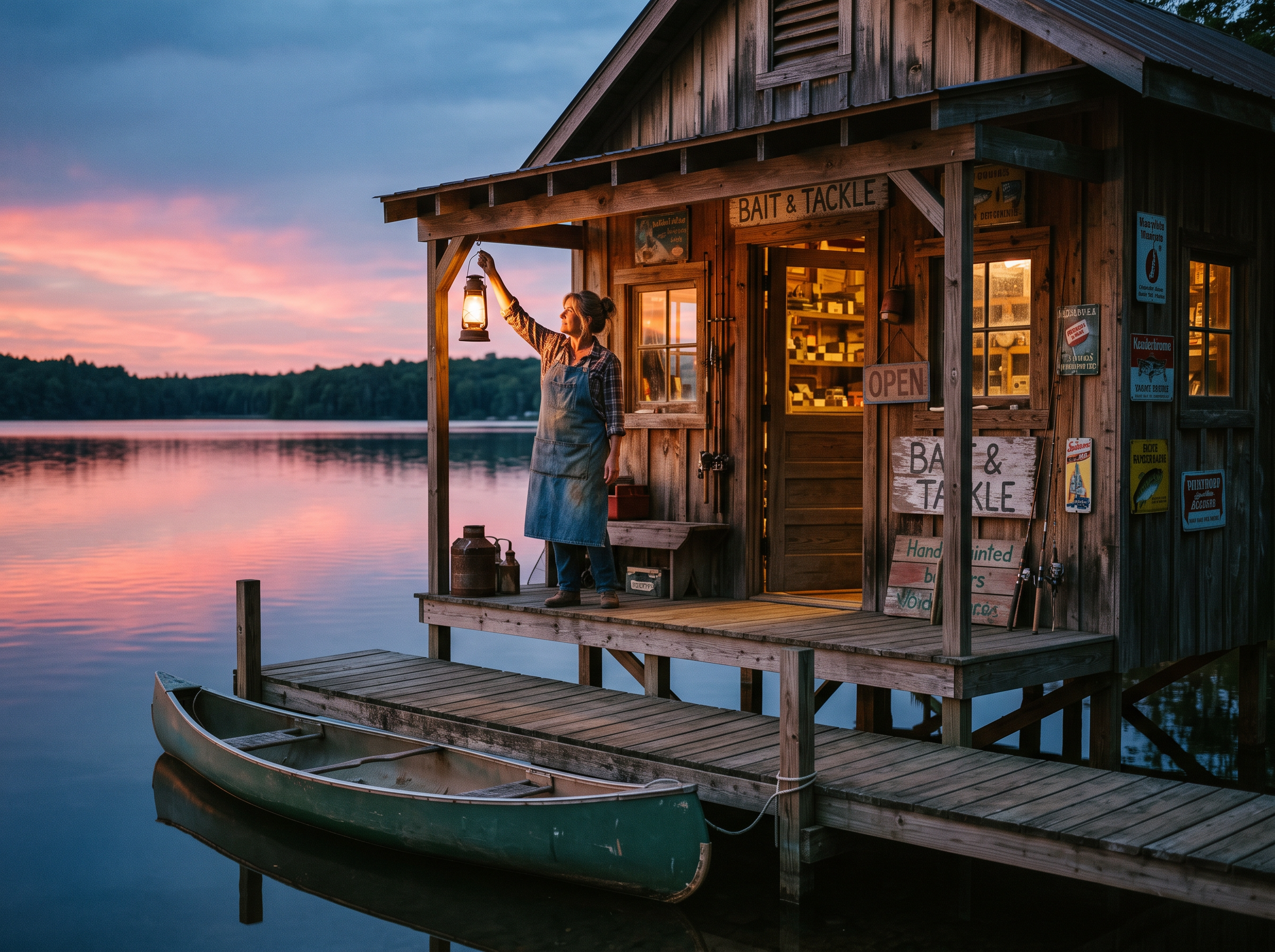 Nano Banana 2.1: a weathered bait and tackle shop on a dock, the woman raising a lantern under the porch roof at dusk