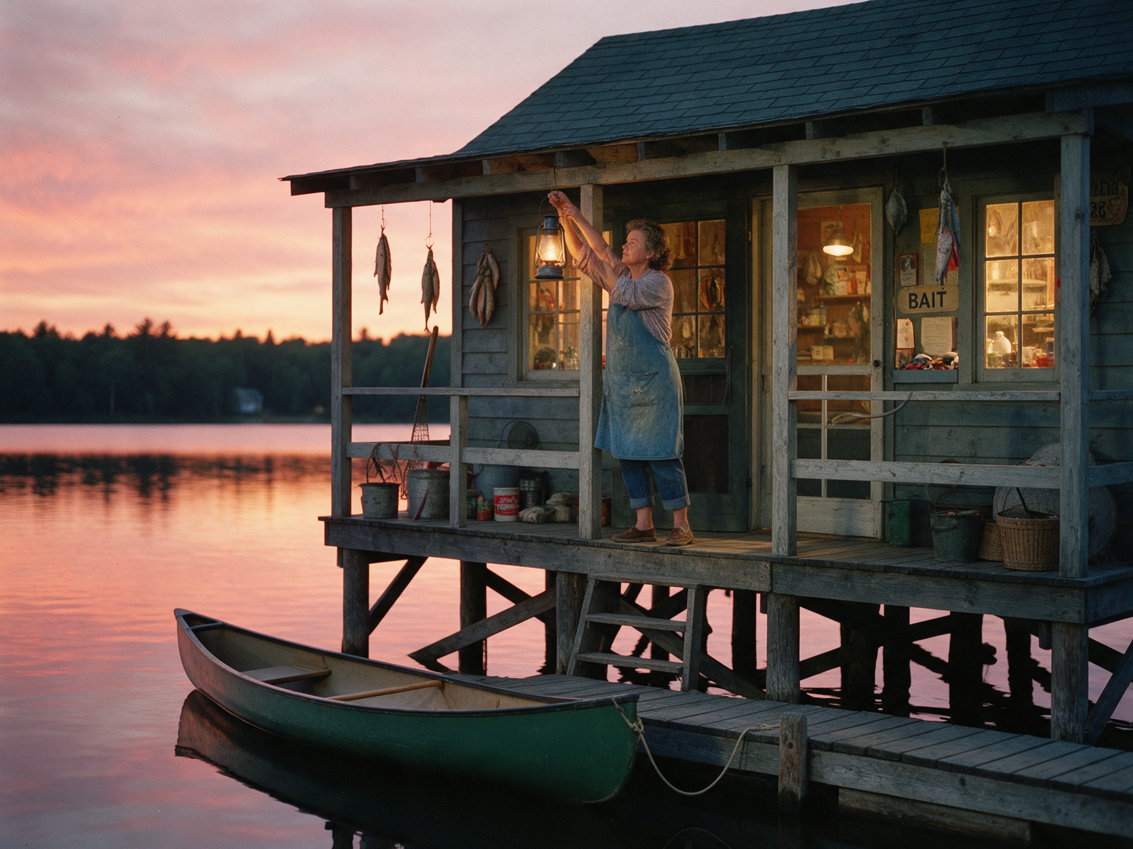 Seedream 5: a grey shingled shop on stilts, the woman hanging a lantern beside drying fish under a pink sky