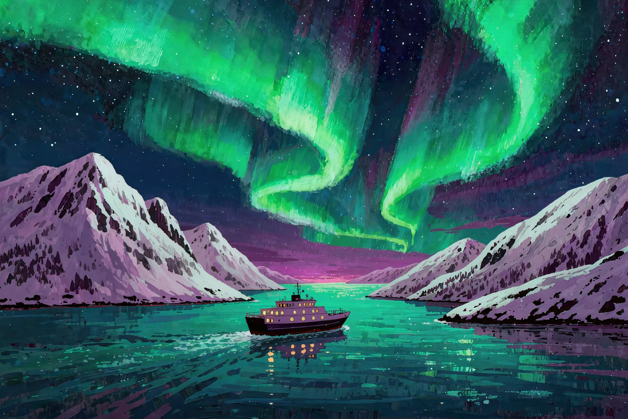 A gouache painting of a small ferry crossing a fjord between snowy peaks under green northern lights