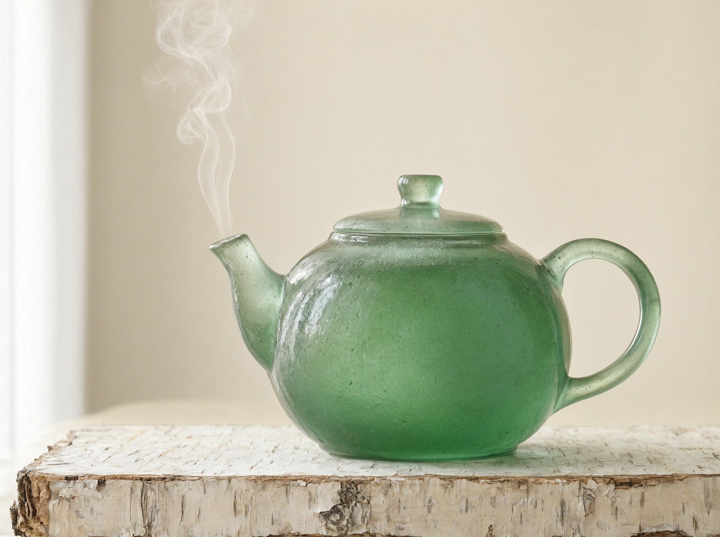 A frosted sea glass green teapot with a curl of steam on a pale birch board against a cream backdrop