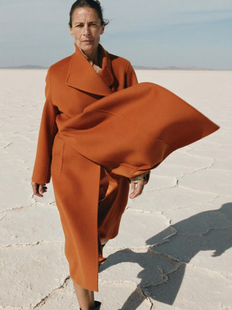ImagineArt 2.0: a close medium shot of the woman, the orange coat billowing across her body, cracked ground and her shadow behind