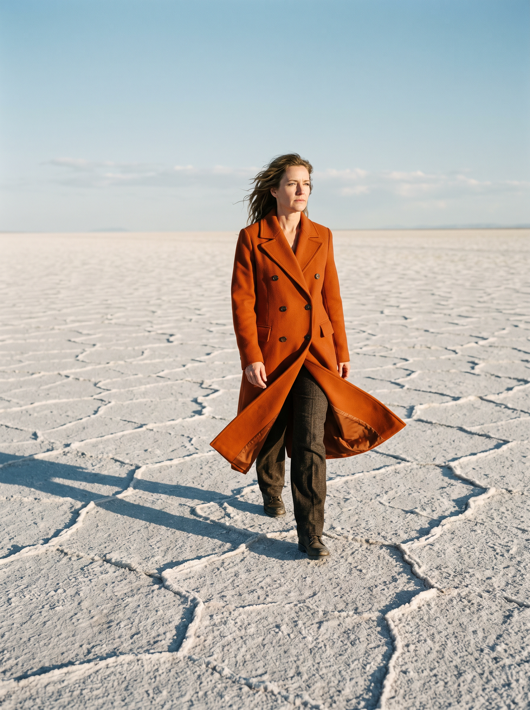 Nano Banana 2.1: a wide full length shot of the woman walking toward the camera over a pattern of cracked white ground