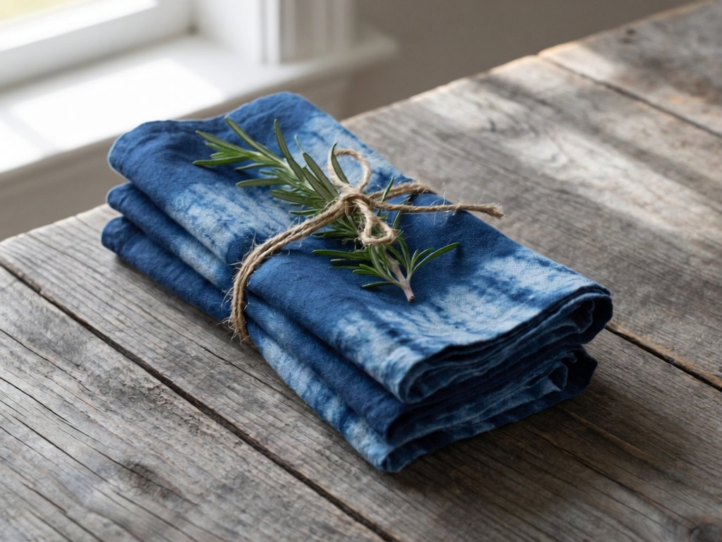 Three folded indigo dyed napkins tied with jute twine and a sprig of rosemary on a weathered oak table