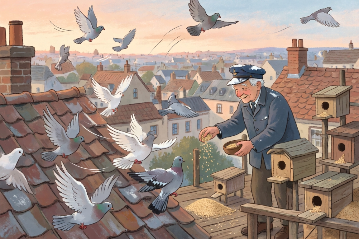 A storybook illustration of a retired postman in a cap feeding pigeons among wooden coops on a terracotta rooftop at sunrise