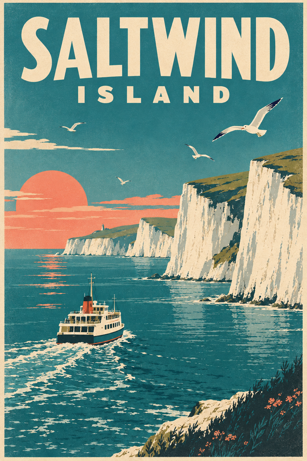 A mid century travel poster reading SALTWIND ISLAND above a ferry sailing toward white chalk cliffs at sunset