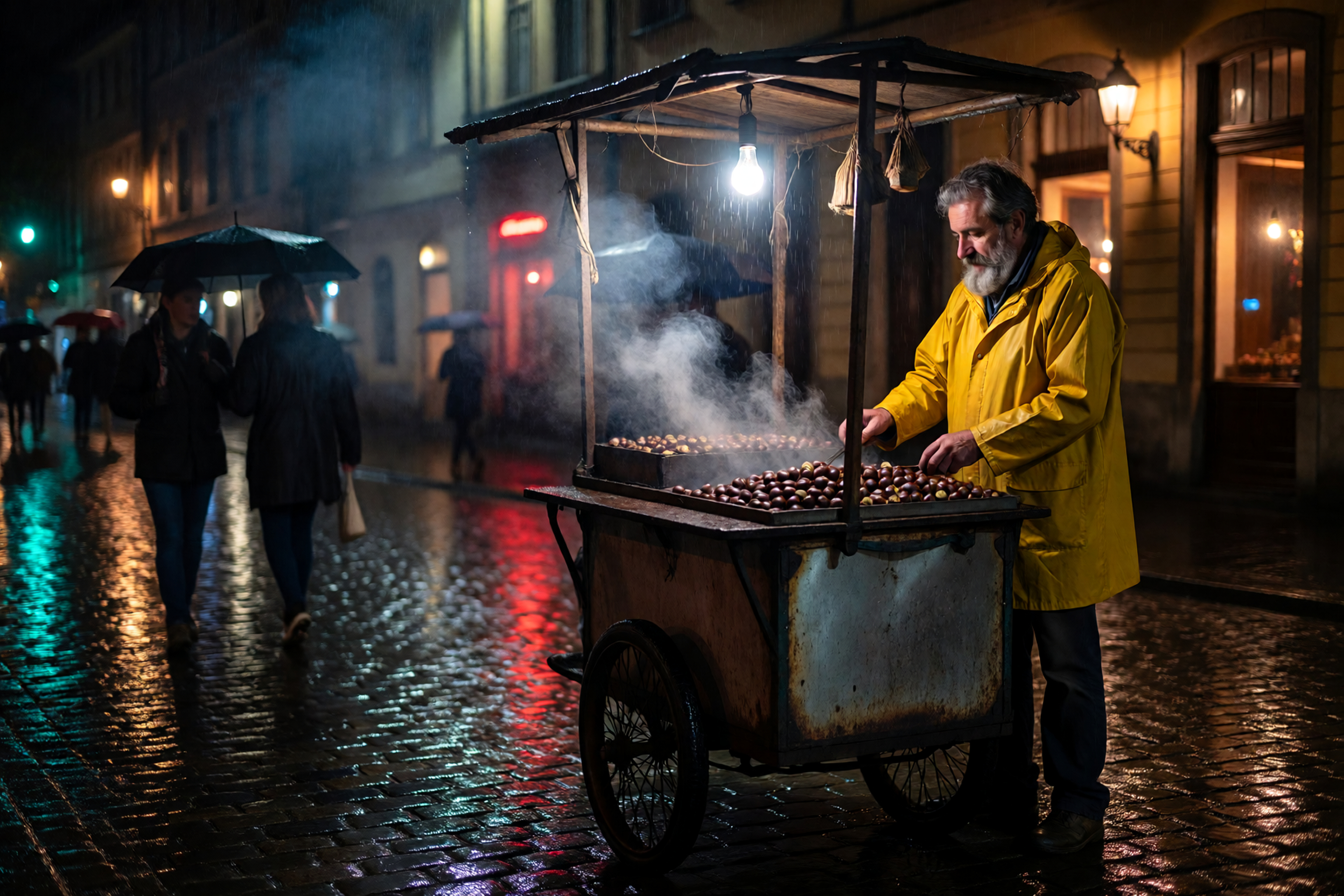 Night street photo of an older bearded man in a yellow rain slicker roasting chestnuts at a cart under a single bulb, steam glowing, rain on the cobblestones and passers by with umbrellas