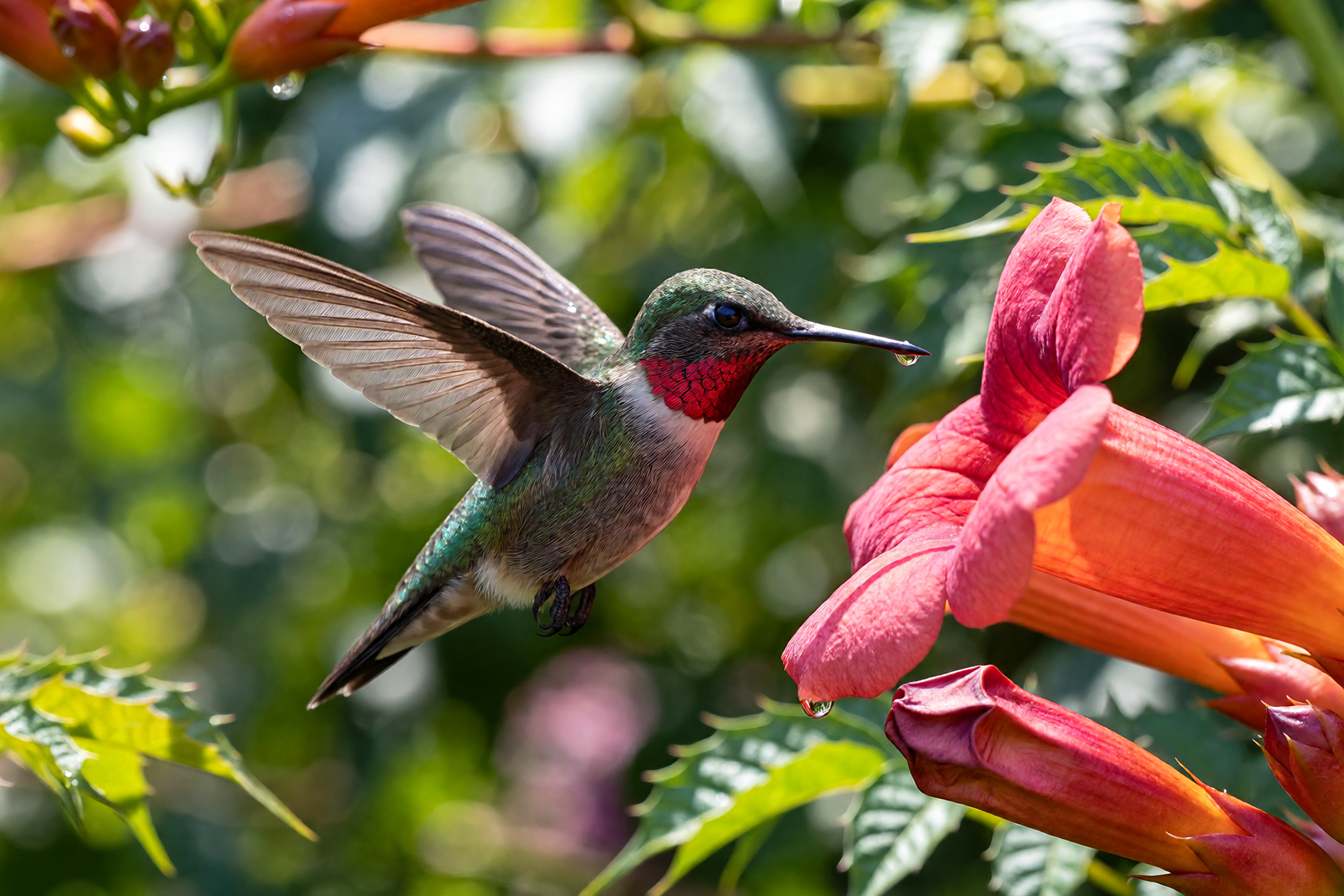 ImagineArt 1.5 Pro: a hummingbird with outstretched wings beside a cluster of orange red trumpet flowers in a sunny garden full of leaves