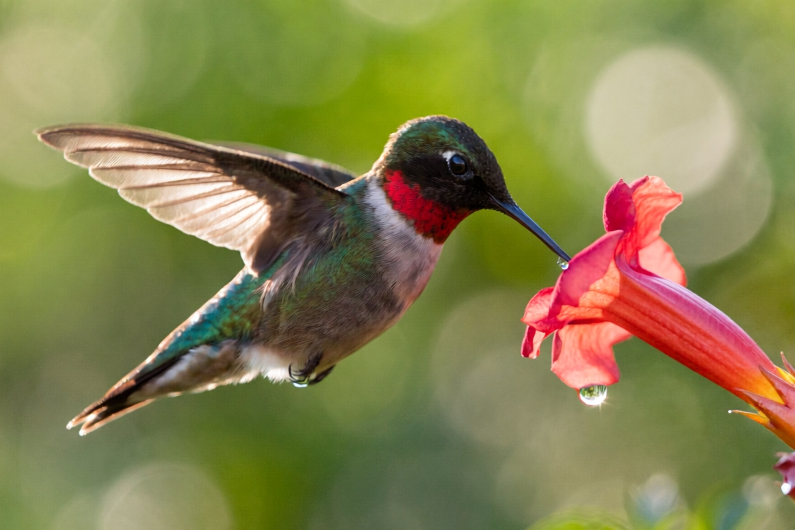 ImagineArt 2.0: a hummingbird hovering at a single red trumpet flower with a nectar drop, isolated against creamy green bokeh