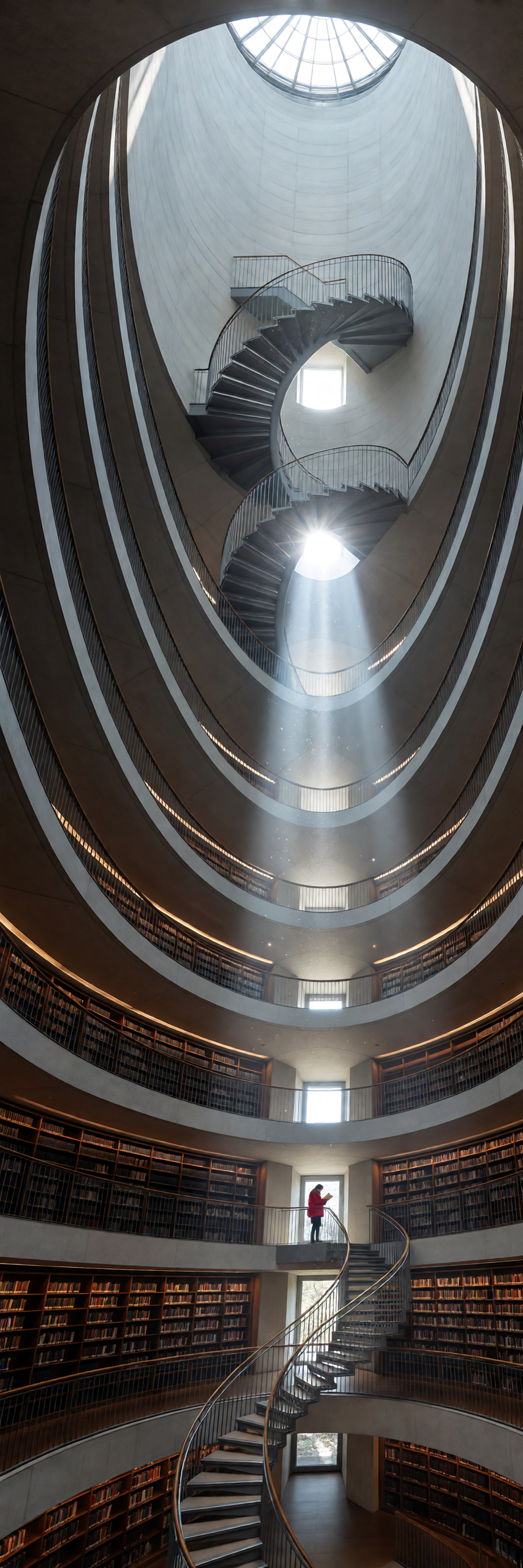 Looking straight up a spiral staircase inside a white concrete library tower with curving balconies of wooden bookshelves, a shaft of sunlight falling from a round skylight onto a reader in a red coat