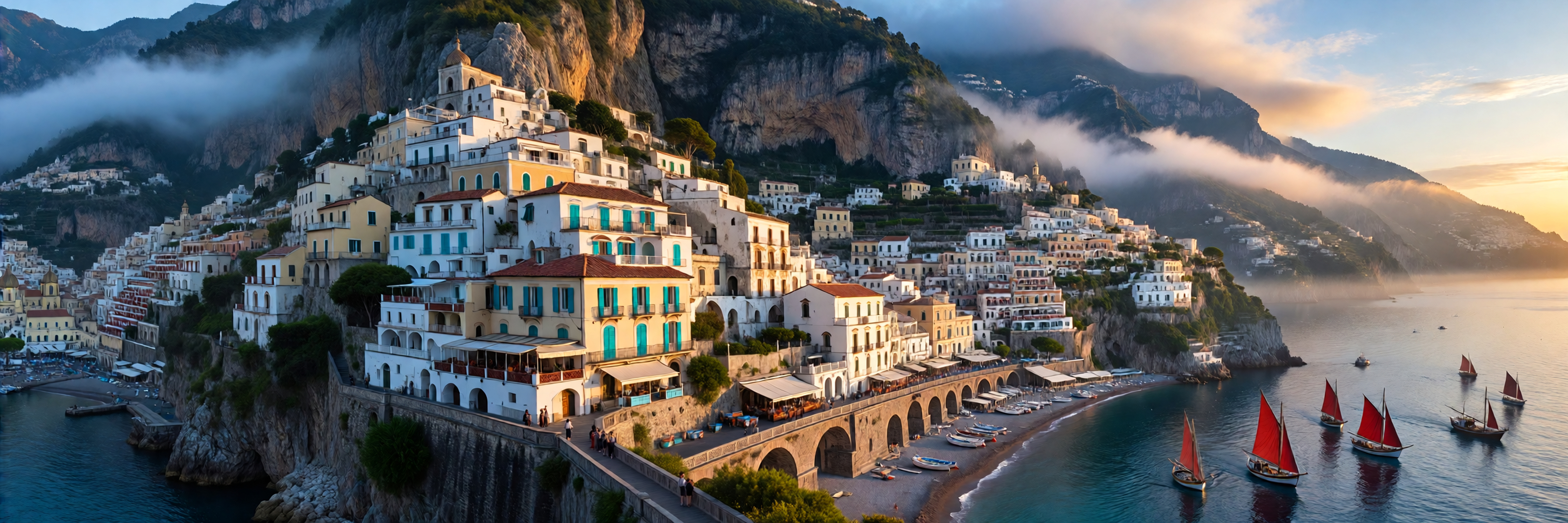 Ultra wide panorama of a white limestone harbor town with turquoise shutters stepping down to a crescent bay, red sailed fishing boats heading out through dawn sea mist