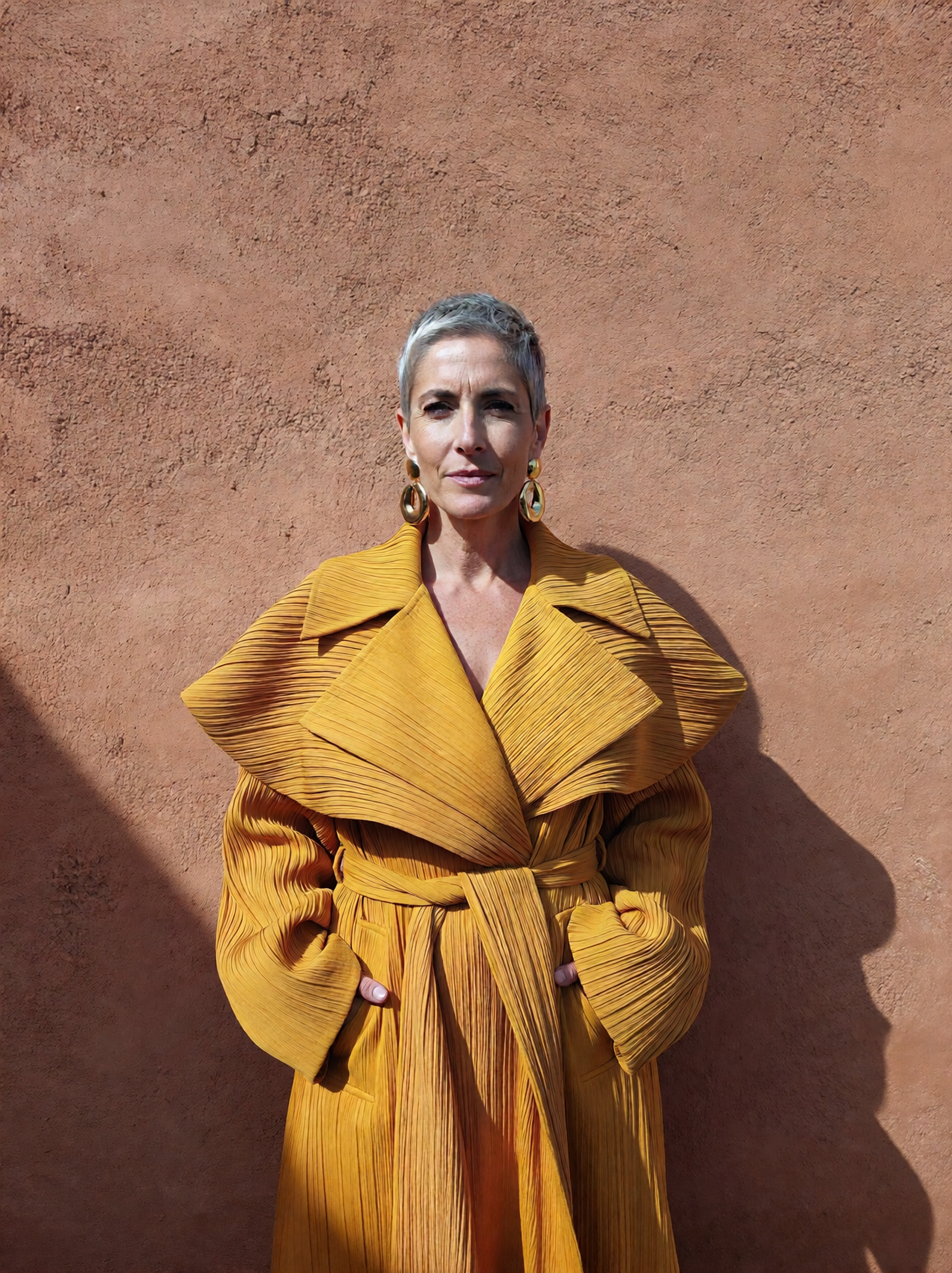 Fashion portrait of a woman in her forties with a silver buzz cut and brass hoop earrings in a sculptural saffron yellow pleated coat against a terracotta plaster wall, lit by one hard key light