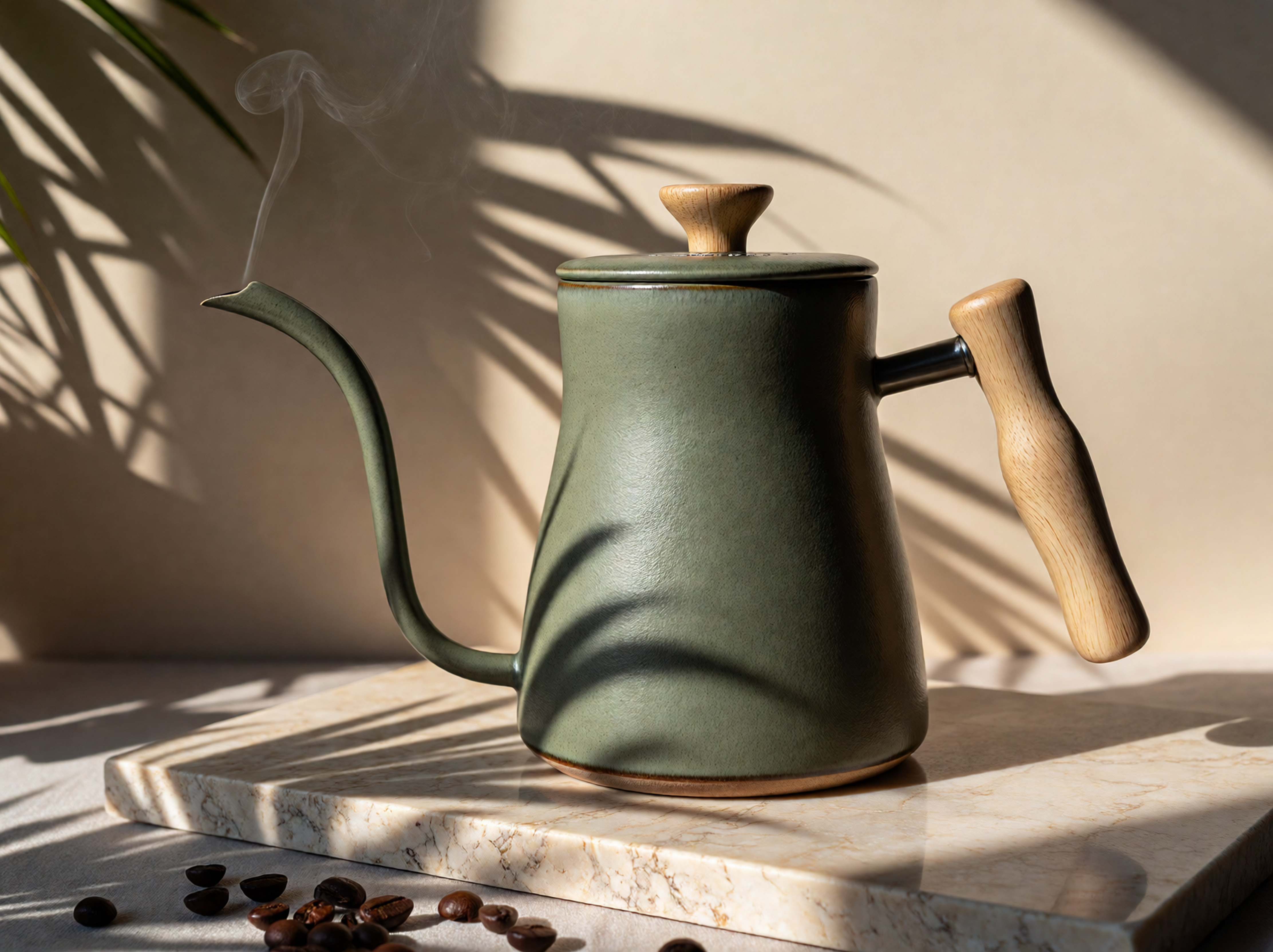 Matte sage green ceramic gooseneck kettle with a pale wooden handle on a cream travertine slab, steam rising from the spout and palm leaf shadows falling across the stone and scattered coffee beans