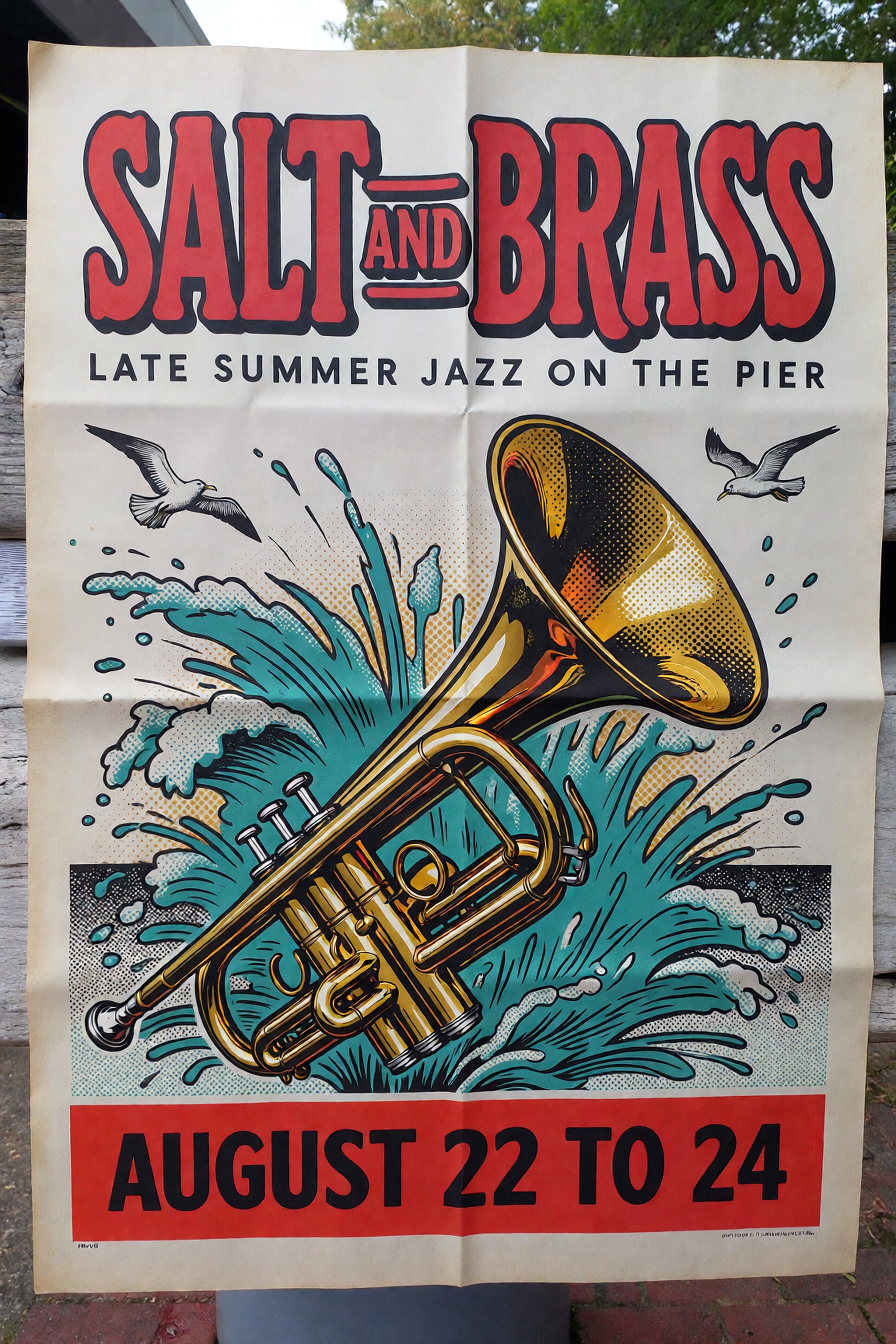 Retro pop art concert poster with the chunky red headline SALT AND BRASS, the line LATE SUMMER JAZZ ON THE PIER and a red band reading AUGUST 22 TO 24 under a halftone trumpet spraying teal sea foam and gulls