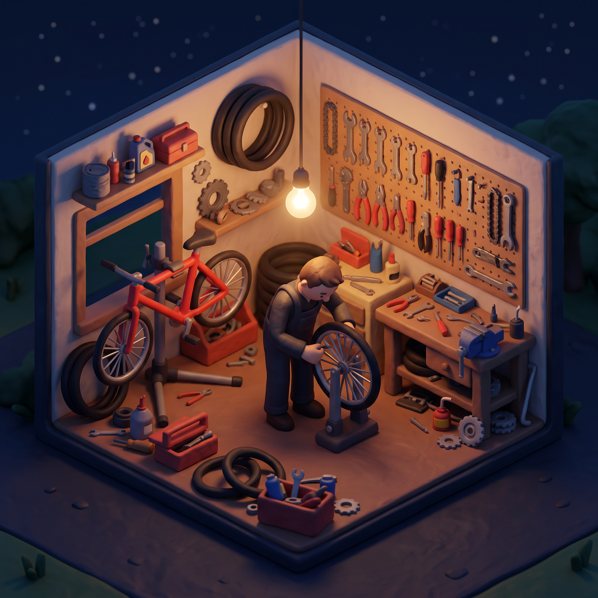 An isometric 3D cutaway of a tiny night time bike repair shop with a mechanic truing a wheel beside a red bicycle