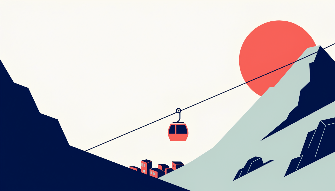 A flat vector illustration of a red cable car on a wire between navy and mint mountain shapes under a coral sun