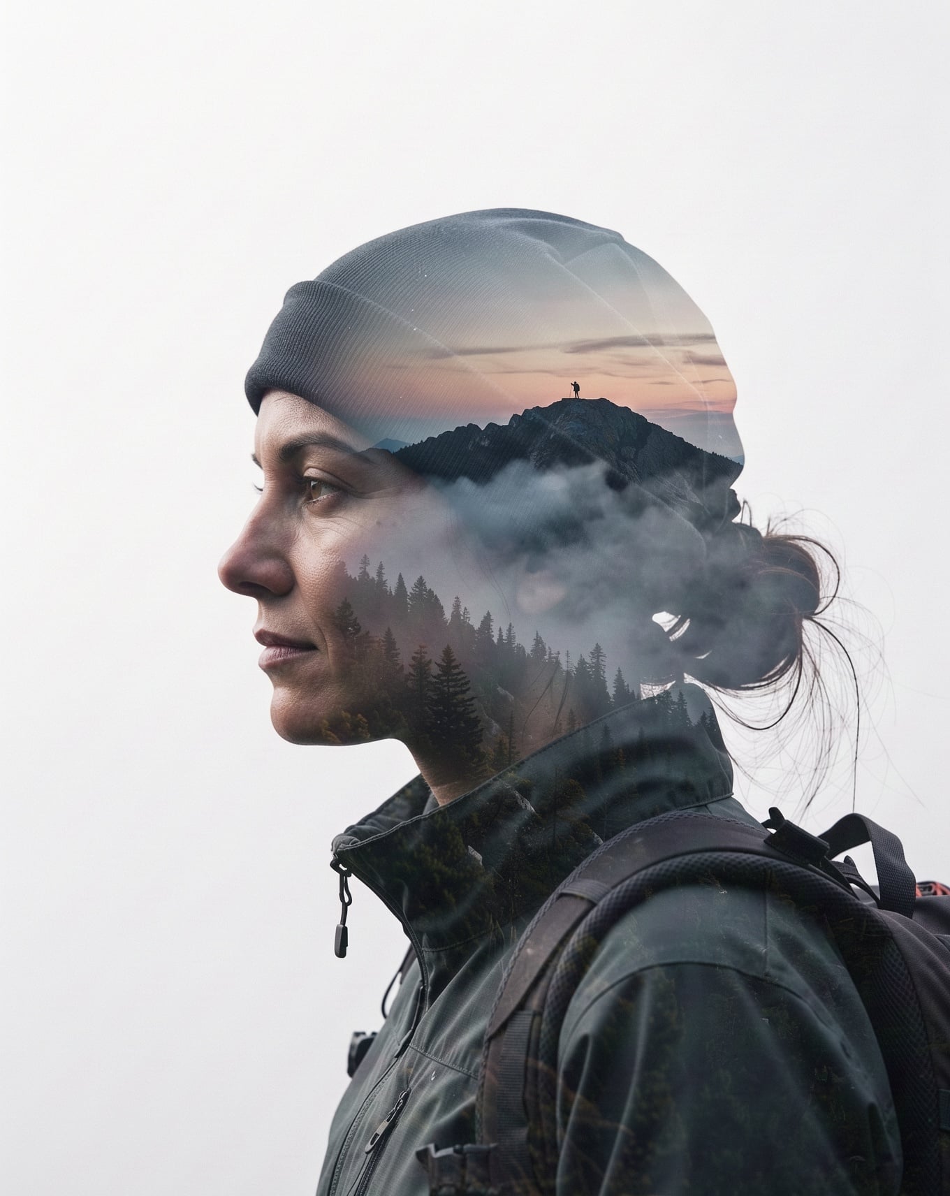 A double exposure profile of a woman climber in a beanie, her head filled with a misty pine forest and a ridge at dawn