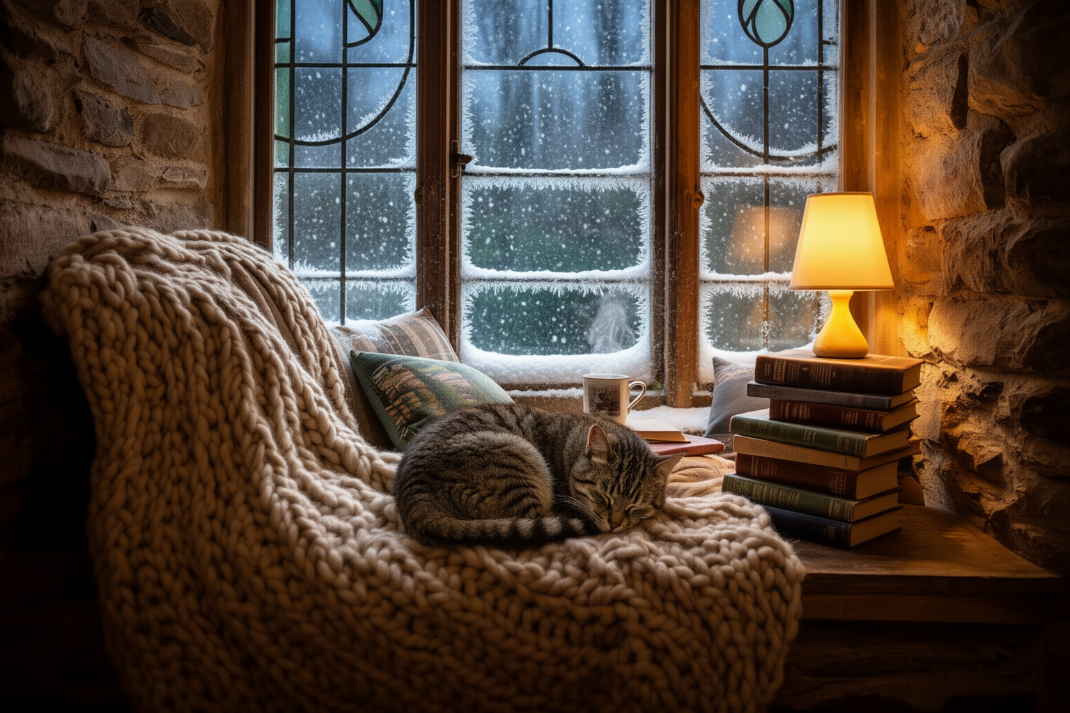 Step 2, Qwen Image 2 Edit: the same nook with snow falling outside, frost on the panes and a tabby cat asleep on the throw