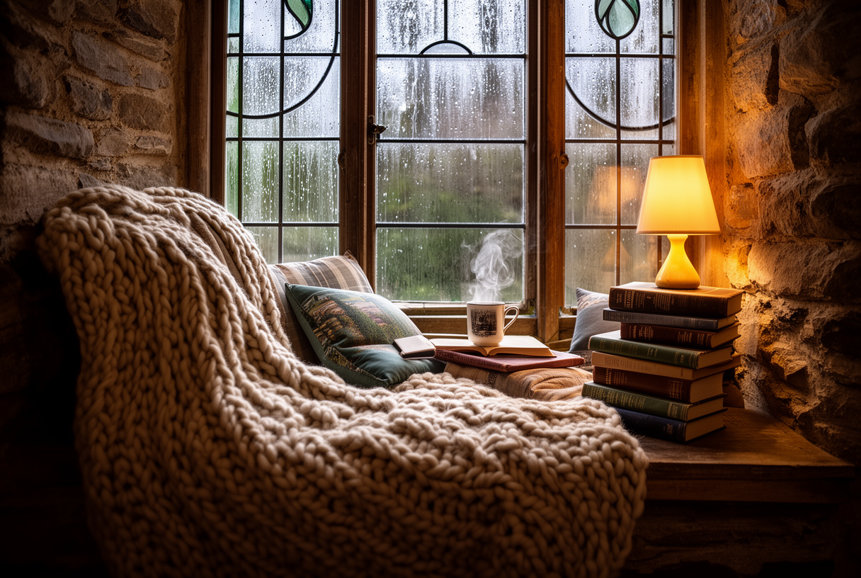 Step 1, FLUX 2 Dev: a bay window reading nook in a stone cottage with a chunky knitted throw, stacked books, a lamp and rain on the leaded glass