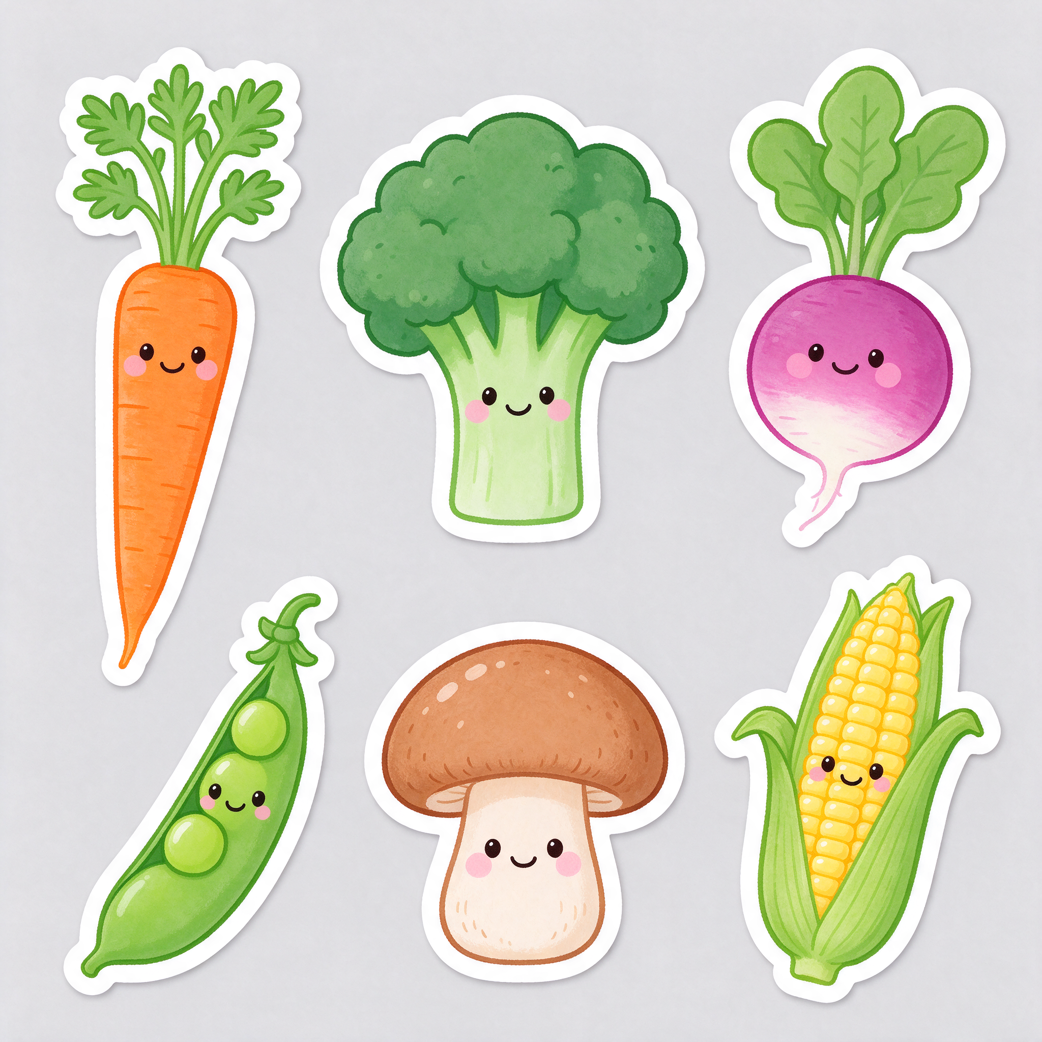 A sticker sheet of six smiling vegetables: a carrot, broccoli, a radish, a pea pod, a mushroom and a corn cob