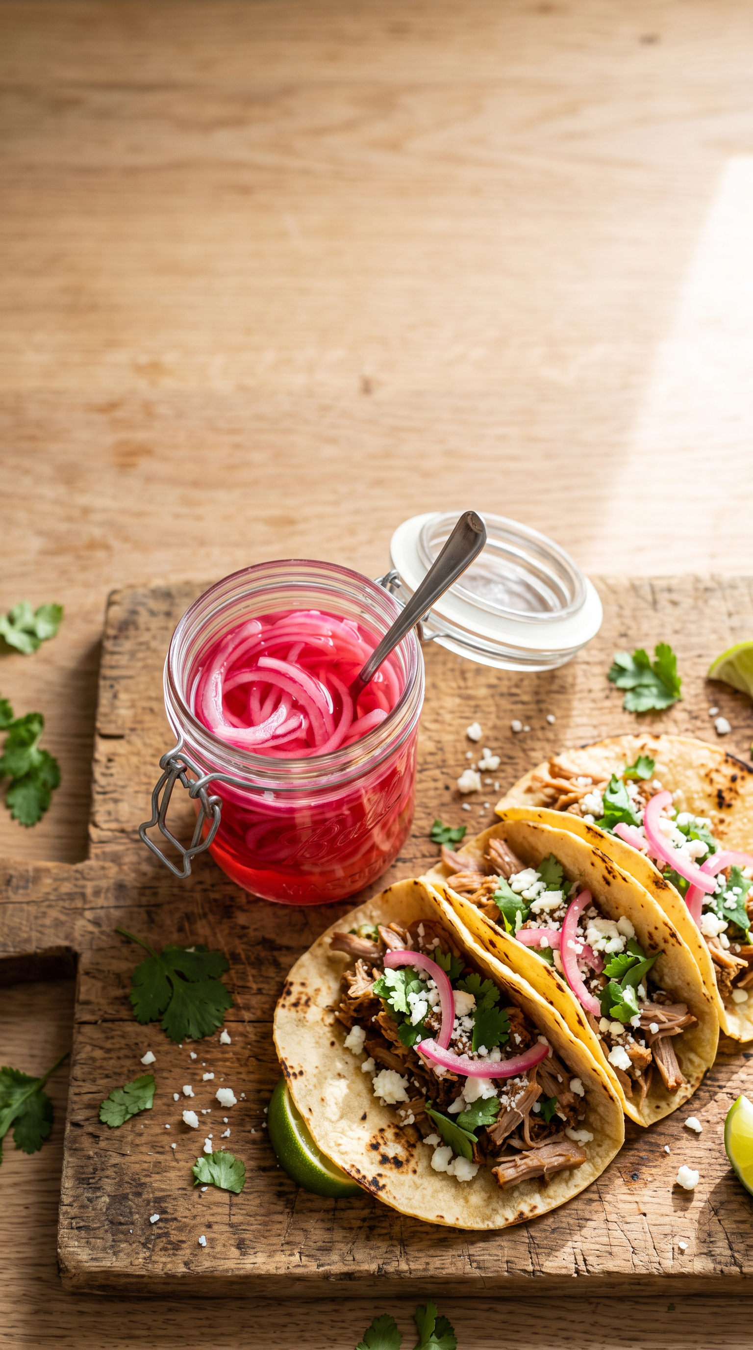 An open jar of bright pink pickled onions beside three tacos on a wooden board, seen from above