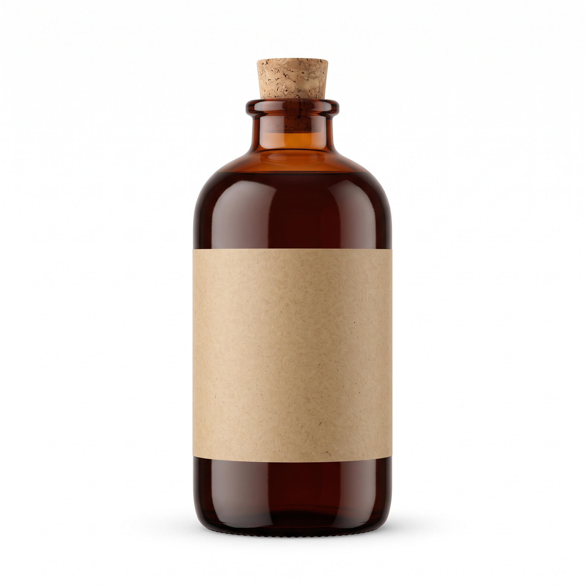 The source: an amber glass bottle with a blank kraft label and a cork on pure white