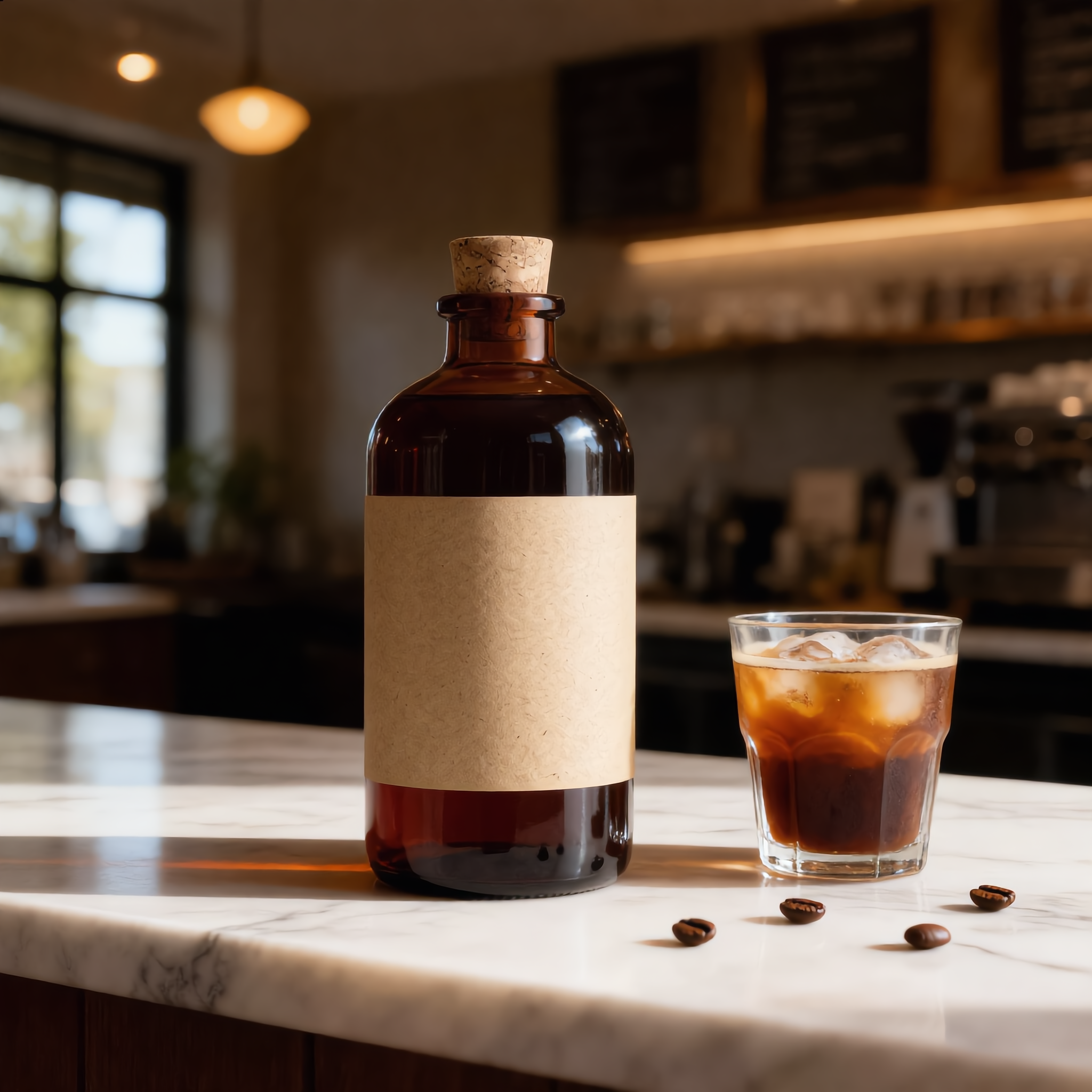 Kling Image Edit: the bottle on a marble counter in a wide cafe shot with a short glass of iced coffee and a few beans