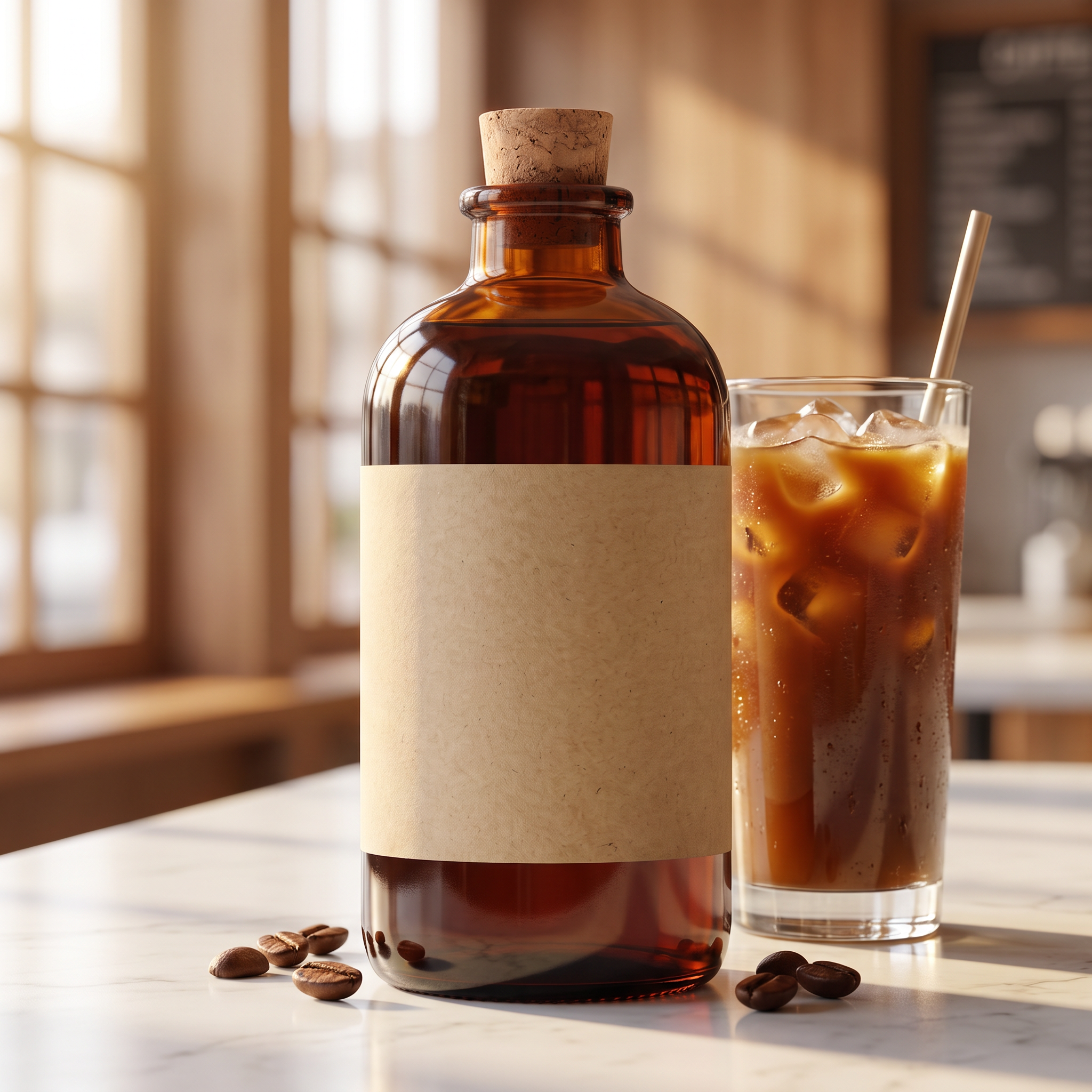 Nano Banana Edit: a close shot of the bottle beside a tall iced coffee with a paper straw in warm window light