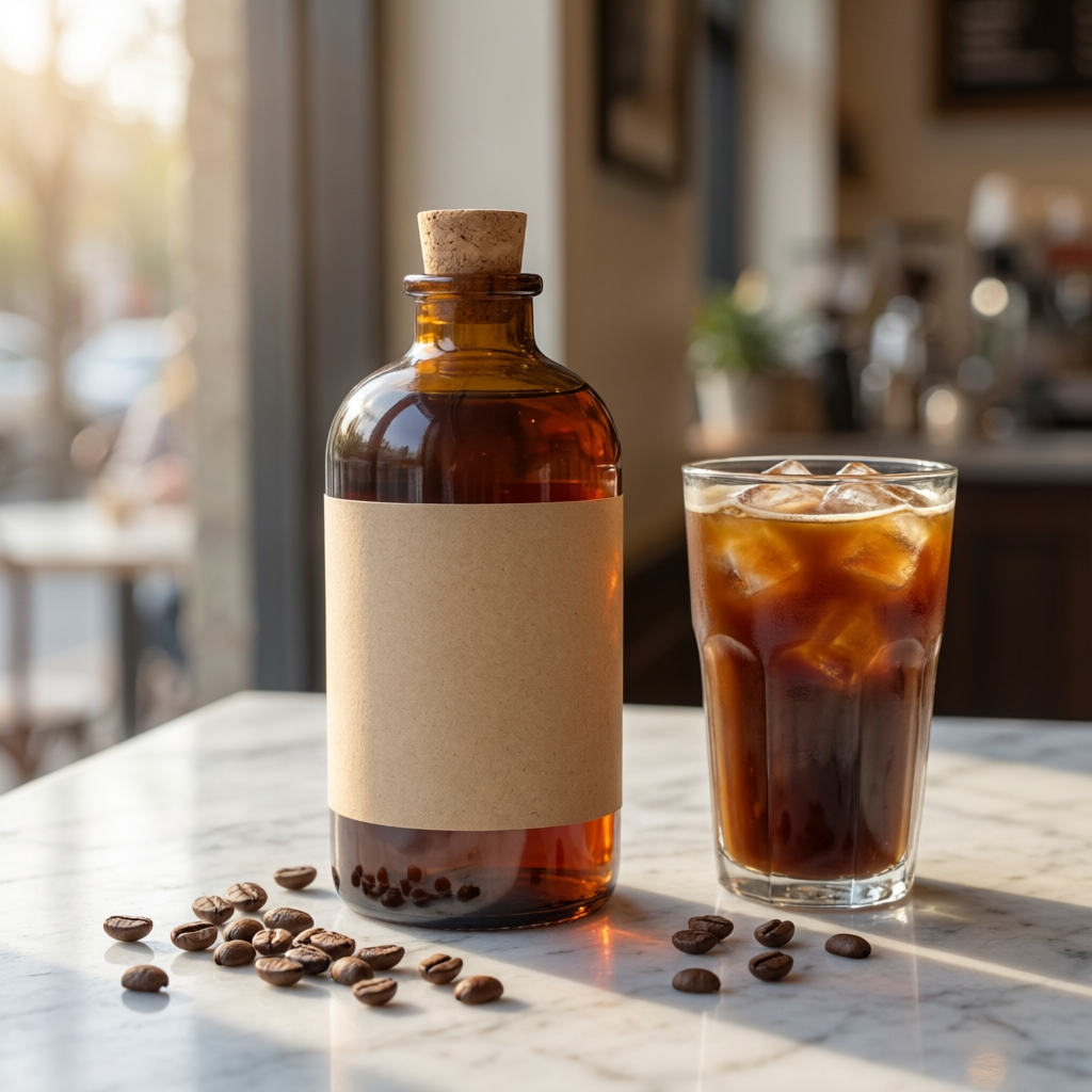 Qwen Image 2 Edit: the bottle beside a glass of iced coffee with coffee beans scattered across the marble