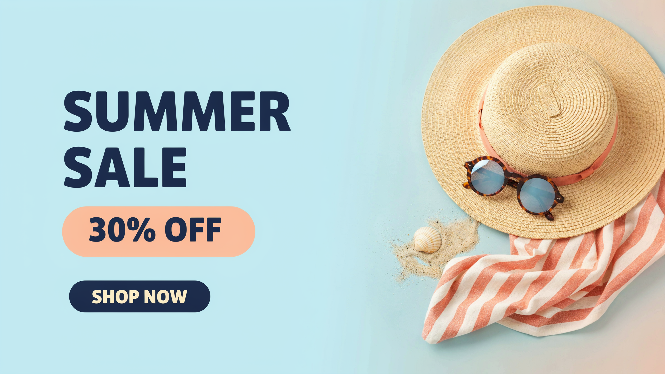 A sale banner reading SUMMER SALE and 30% OFF beside a straw hat, sunglasses and a striped towel