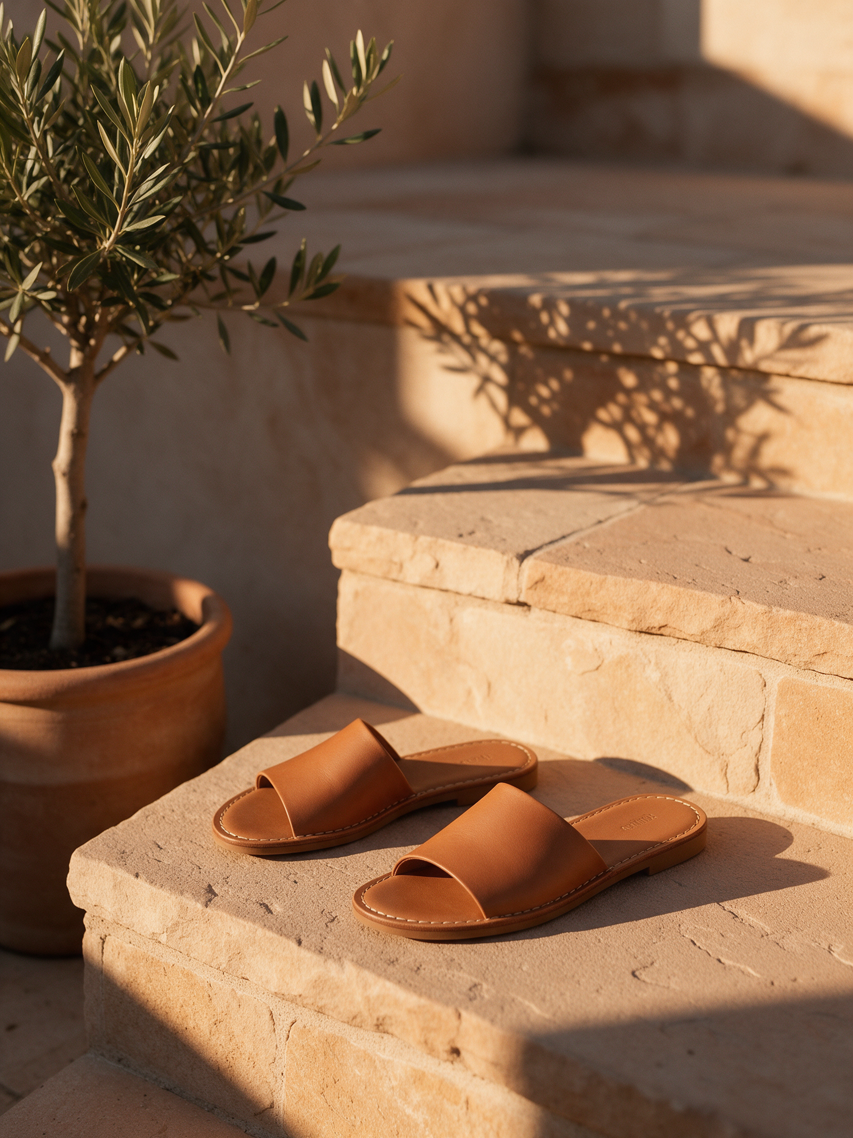A pair of tan leather slide sandals on sunlit sandstone steps beside a potted olive tree