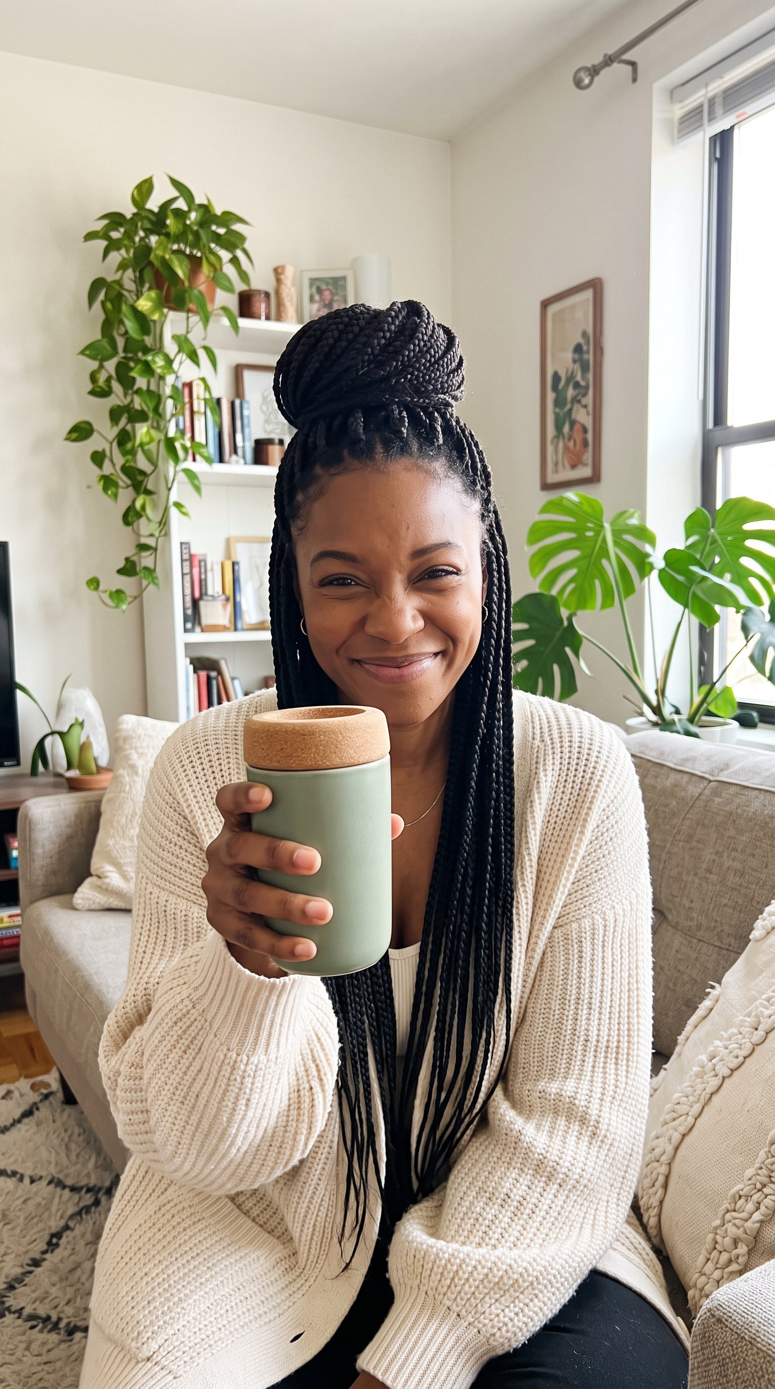 The source photo: a woman in her thirties with long braids and a cream cardigan holds the mug in a bright living room