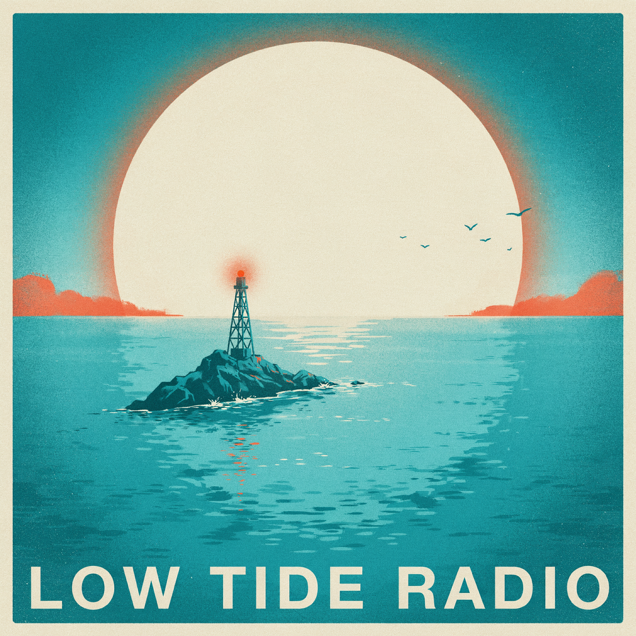 A square album cover reading LOW TIDE RADIO under a lit radio tower on a rocky island and a huge pale moon