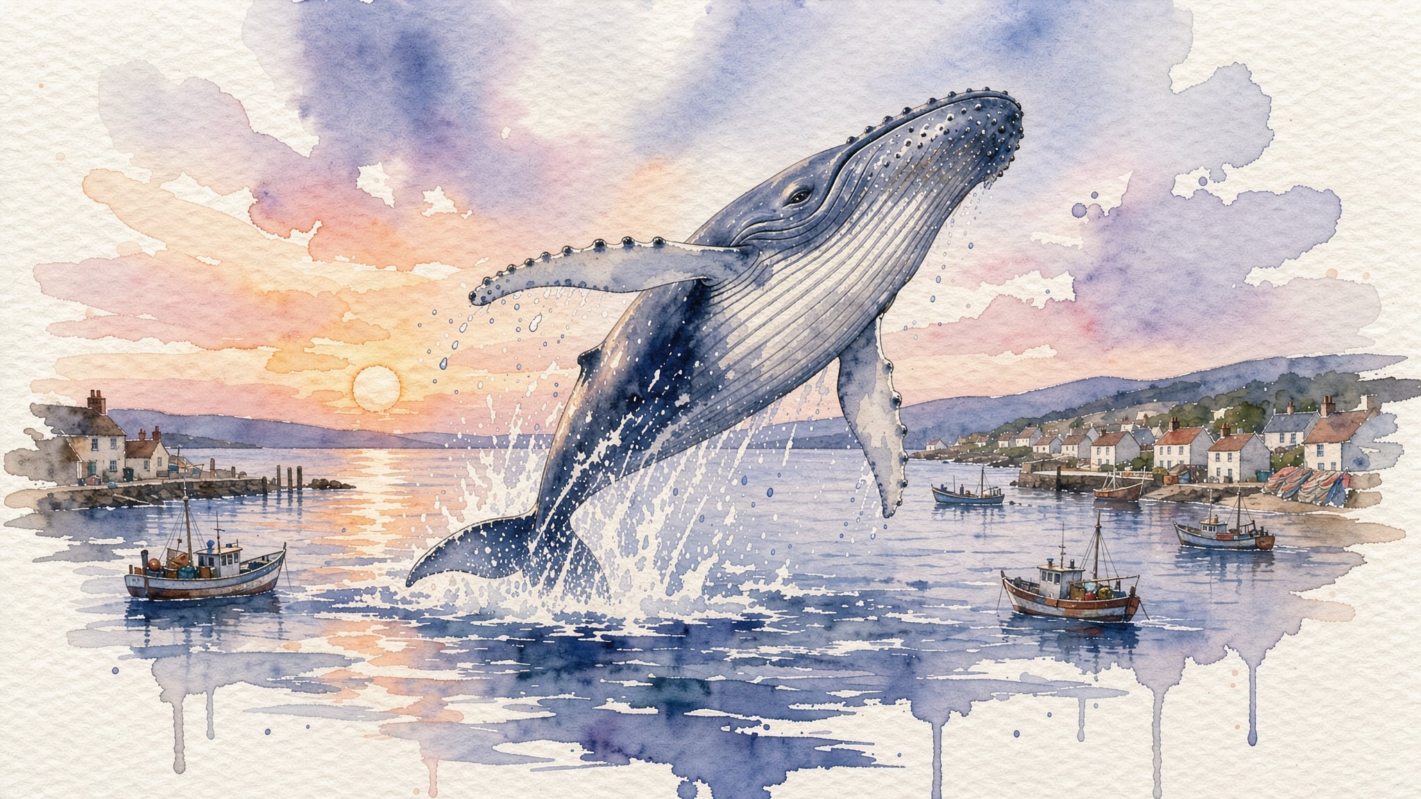A loose watercolor of a humpback whale breaching above a fishing village at sunrise