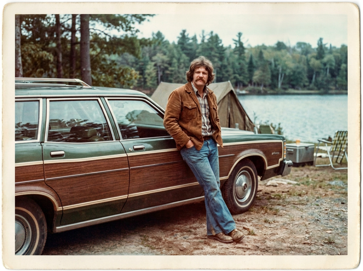 The same vintage print restored: no crease or stain, cleaner color on the lake, trees and station wagon