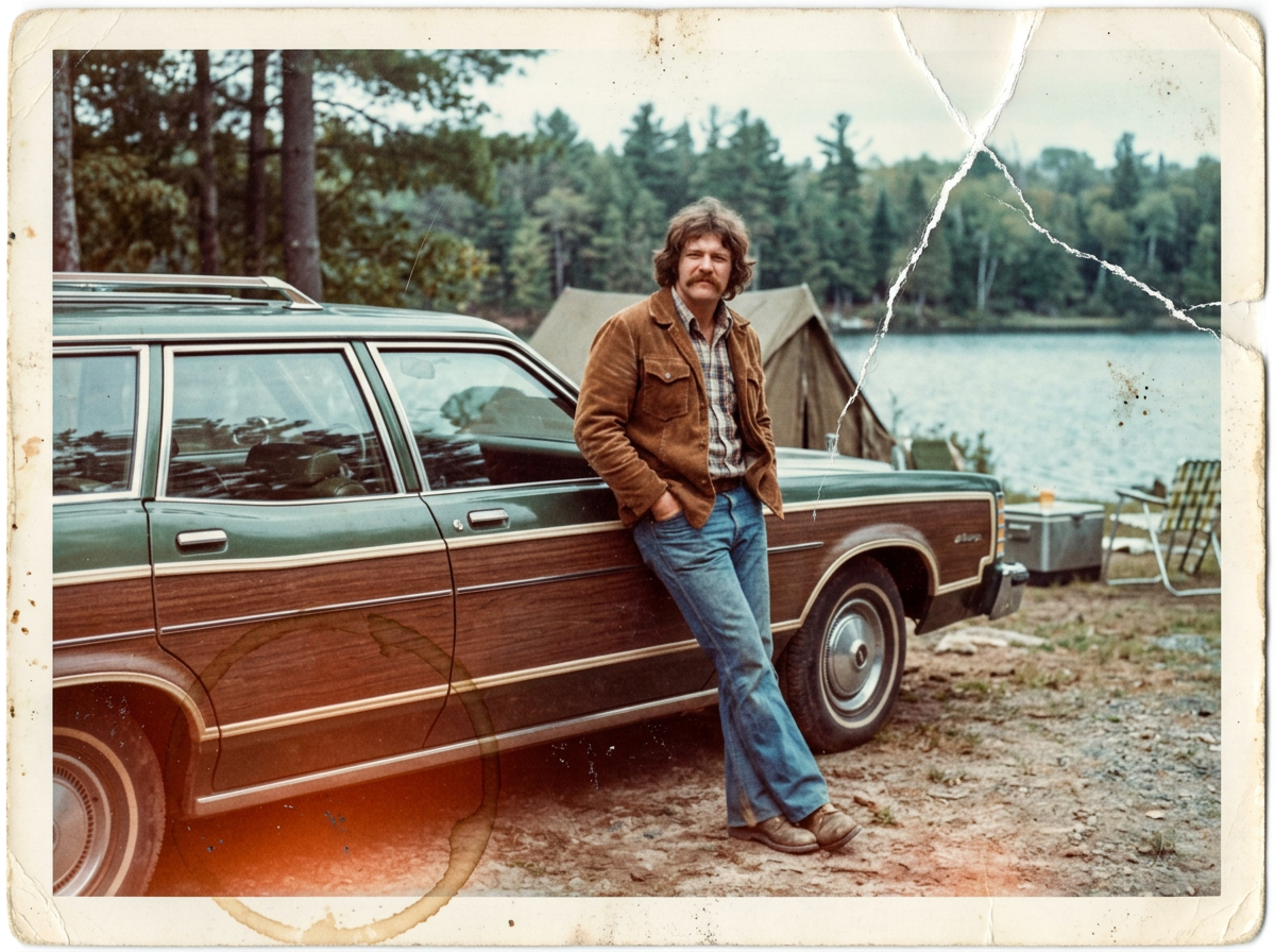 A faded vintage color print of a man with a mustache leaning on a green station wagon by a lake, creased and stained