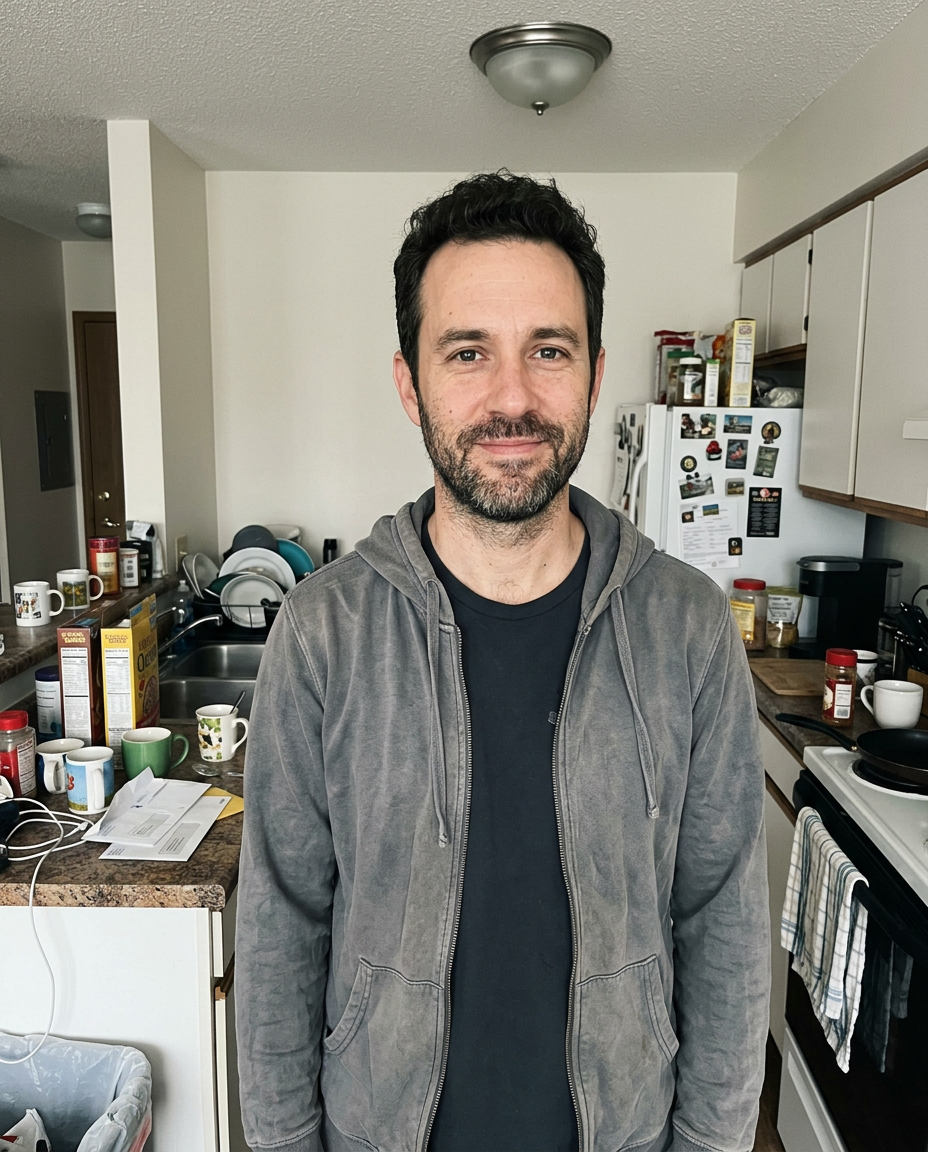 The source: a man in a grey hoodie in a cluttered apartment kitchen under a ceiling light