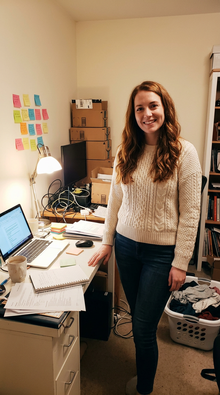 Step 1: the snapshot, a woman by her desk with boxes, cables, sticky notes and a laundry basket behind her