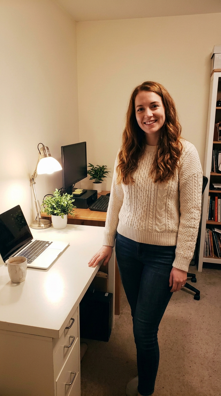 Step 2, Nano Banana 2.1: the same photo with the clutter gone and a tidy desk with a plant
