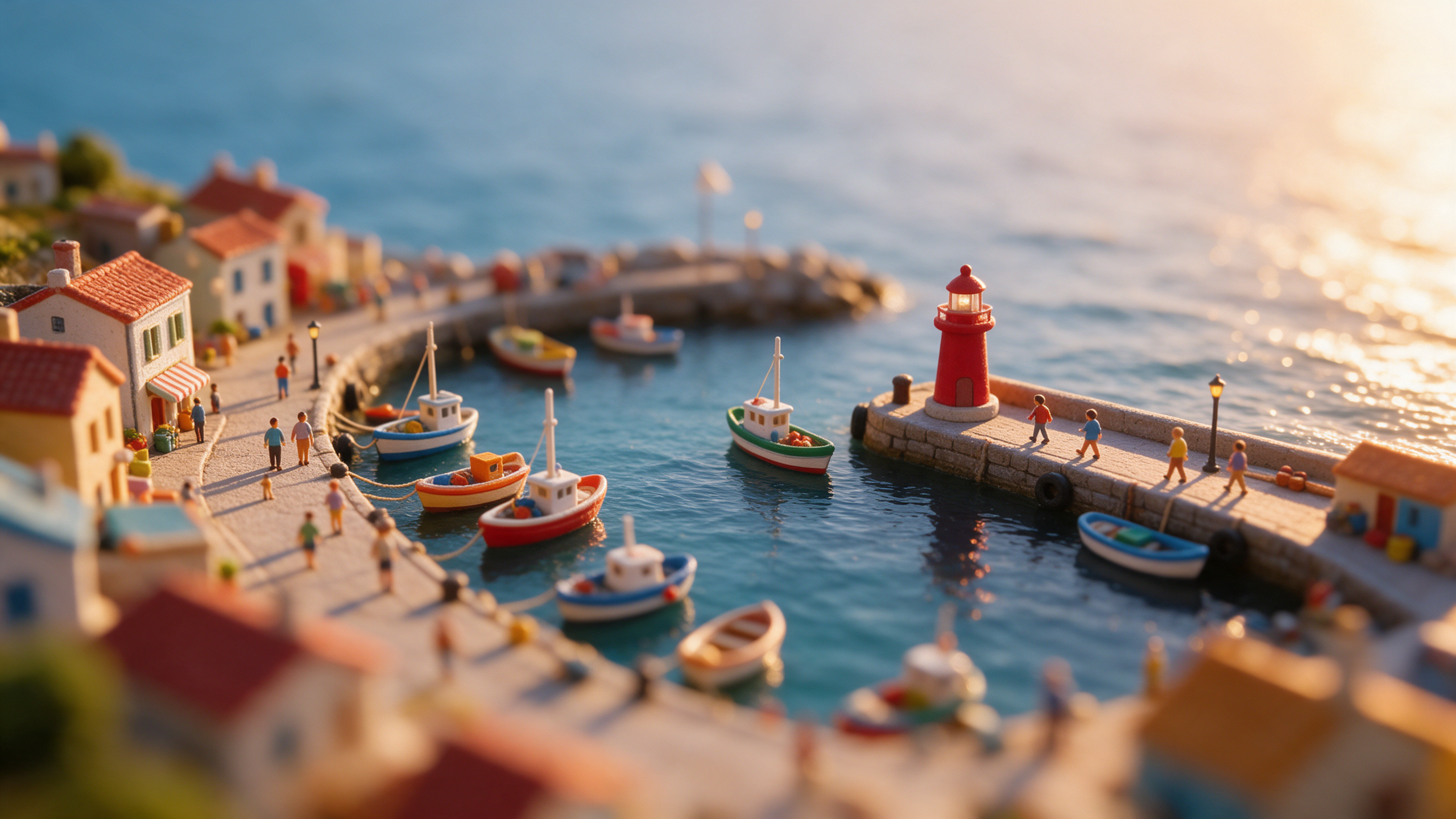 A tilt shift miniature of a seaside fishing town with toy boats and a red lighthouse at golden hour