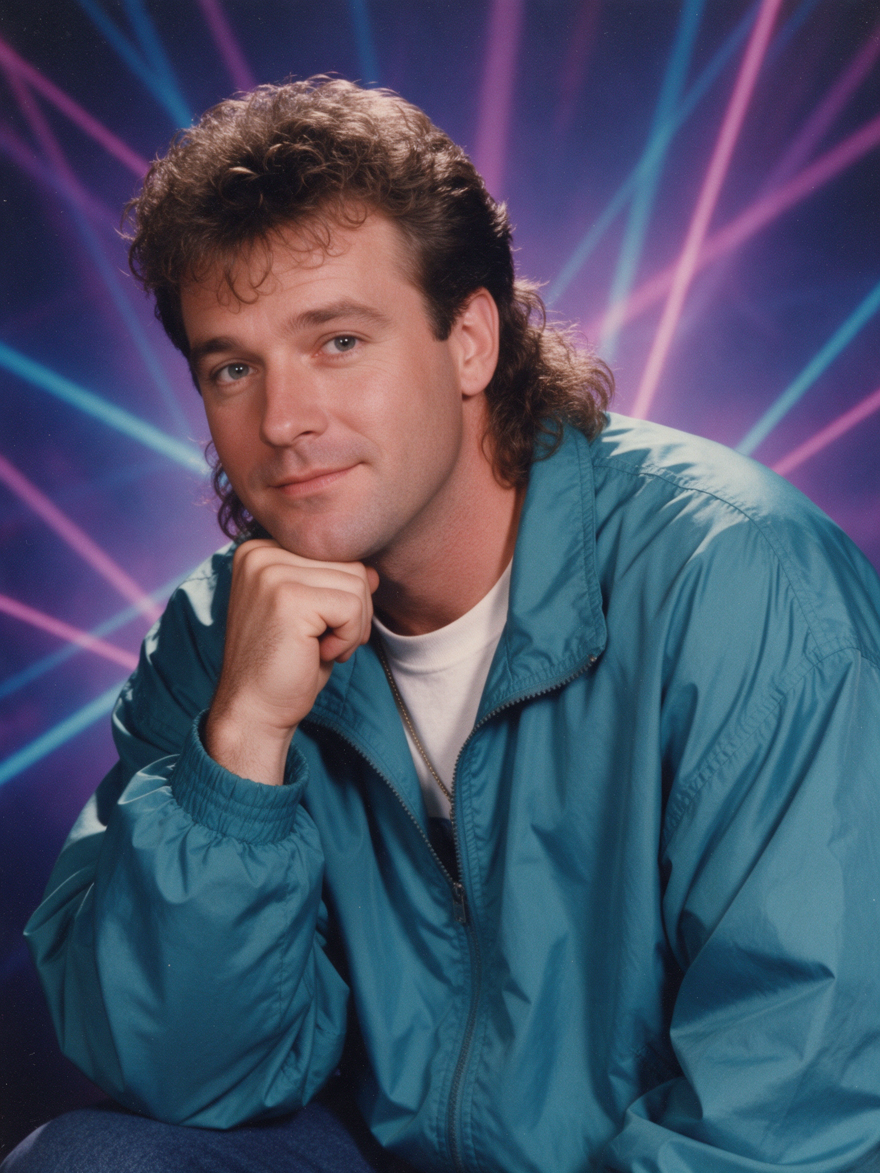 A retro mall studio portrait of a man with a curly mullet and a teal windbreaker in front of laser beams