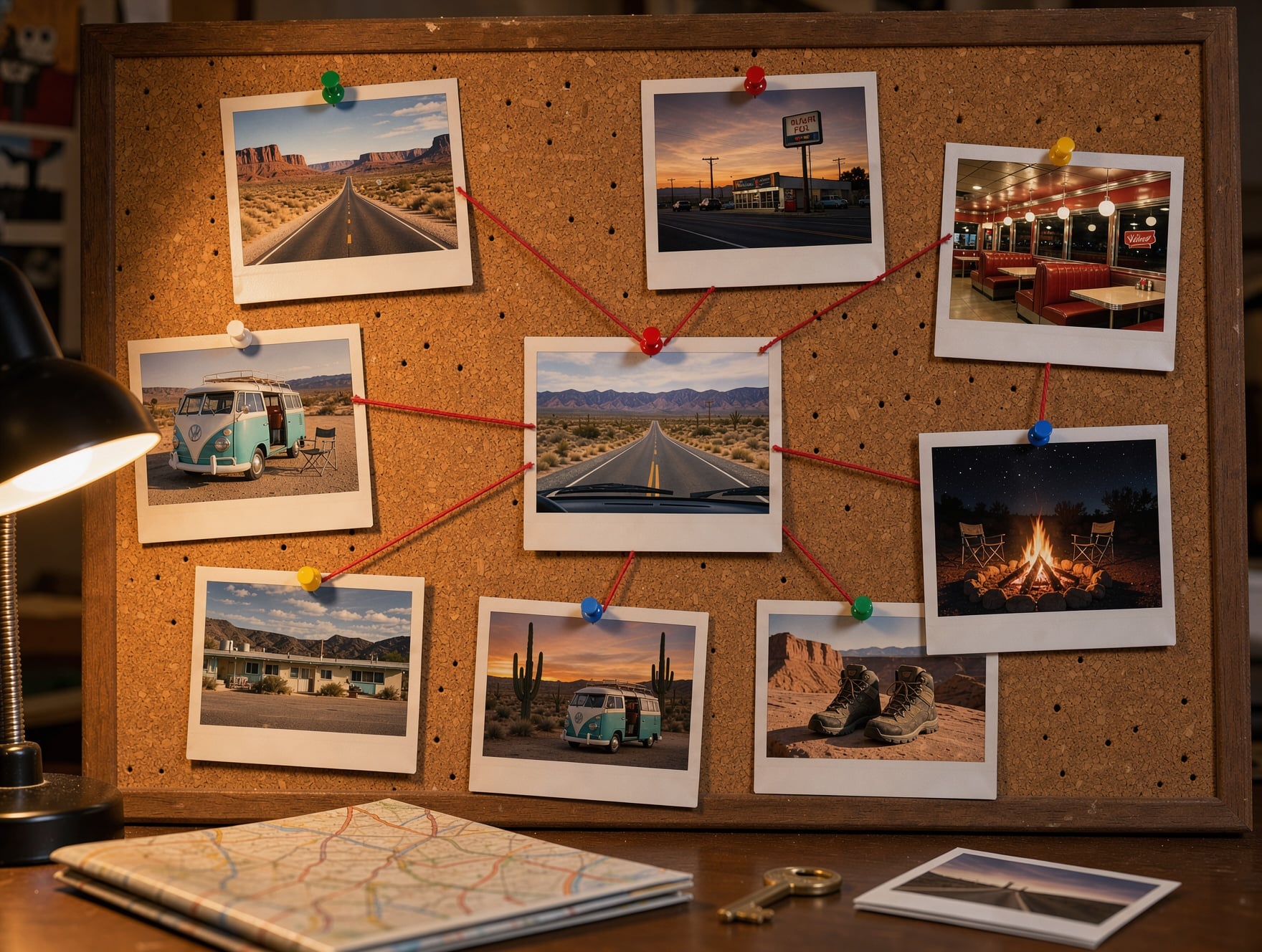 A corkboard of instant photos from a desert road trip joined by red string under a desk lamp