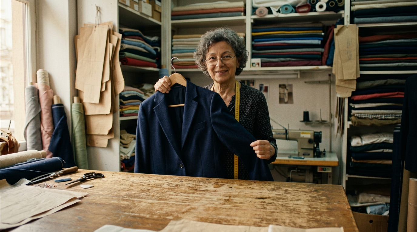 End frame: the same tailor in the same shop holds up a finished navy jacket on a hanger