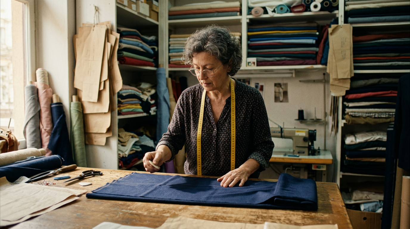 Start frame: the tailor marks a length of navy wool with chalk at her cutting table