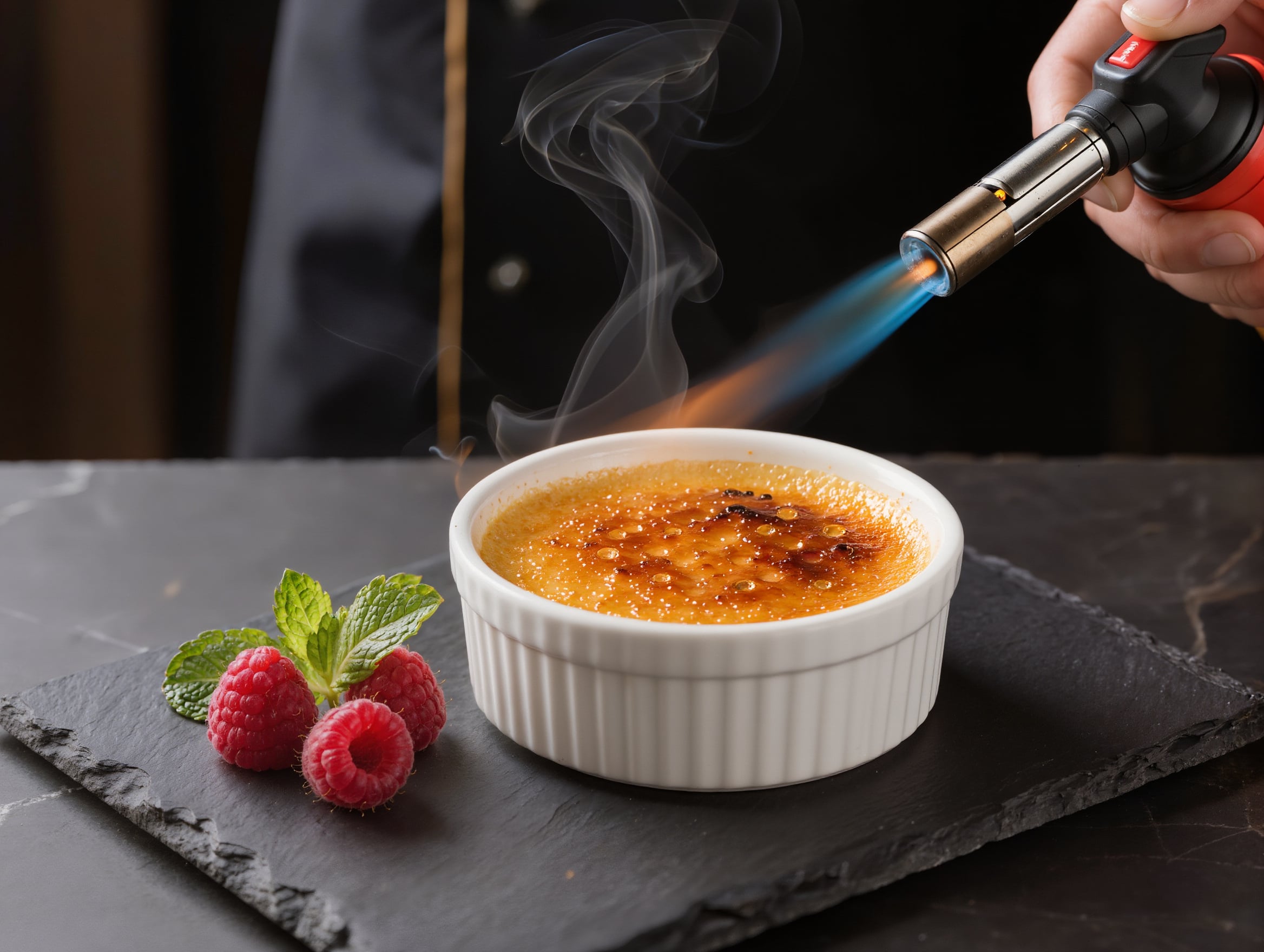 Close up of a hand holding a kitchen torch whose blue flame caramelizes the bubbling sugar crust of a creme brulee in a white fluted ramekin, smoke curling up, raspberries and mint on a slate board